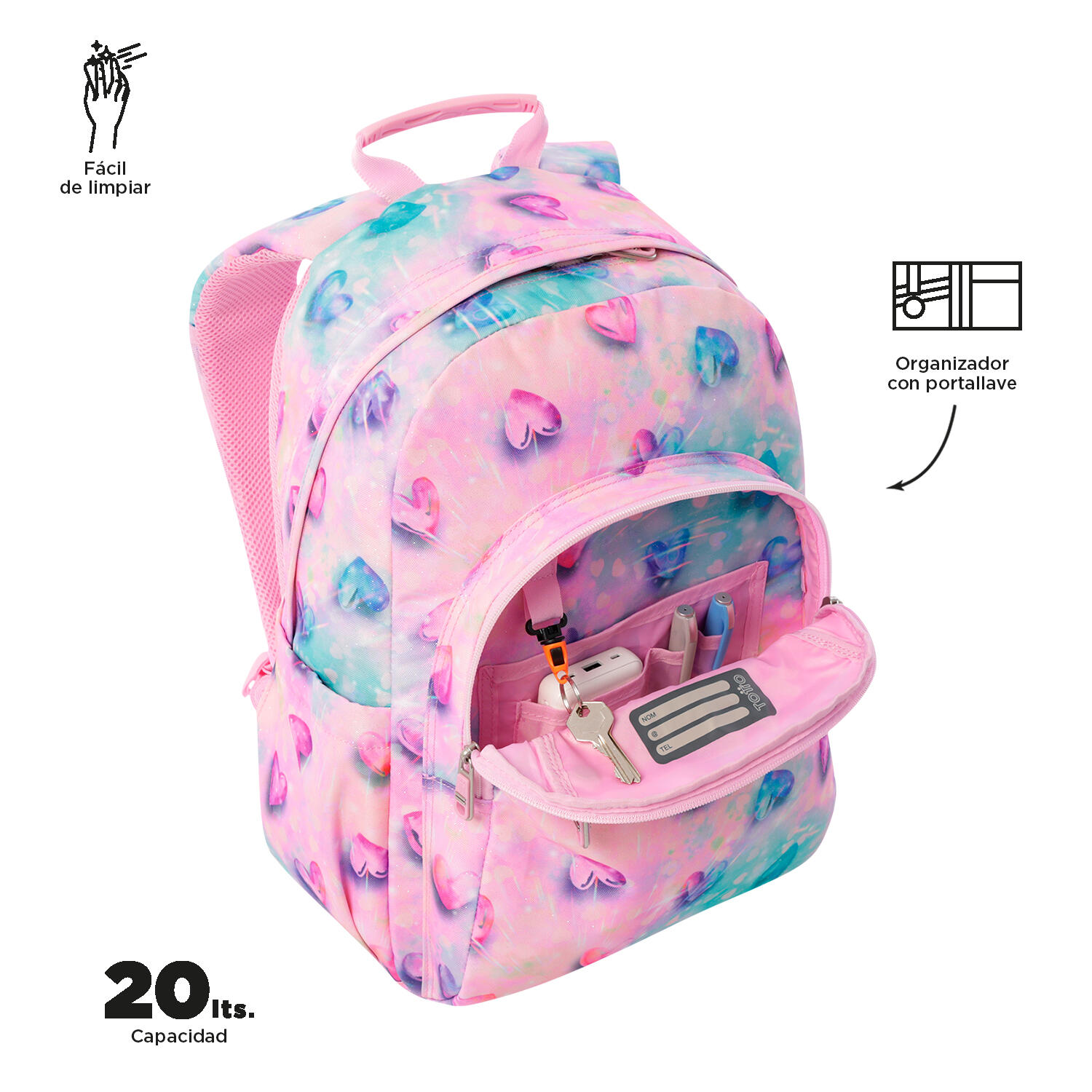 Totto Mochila escolar Acuareles Shiny Heart Poliéster reciclado 33 x 44 x 14 cm 5/5