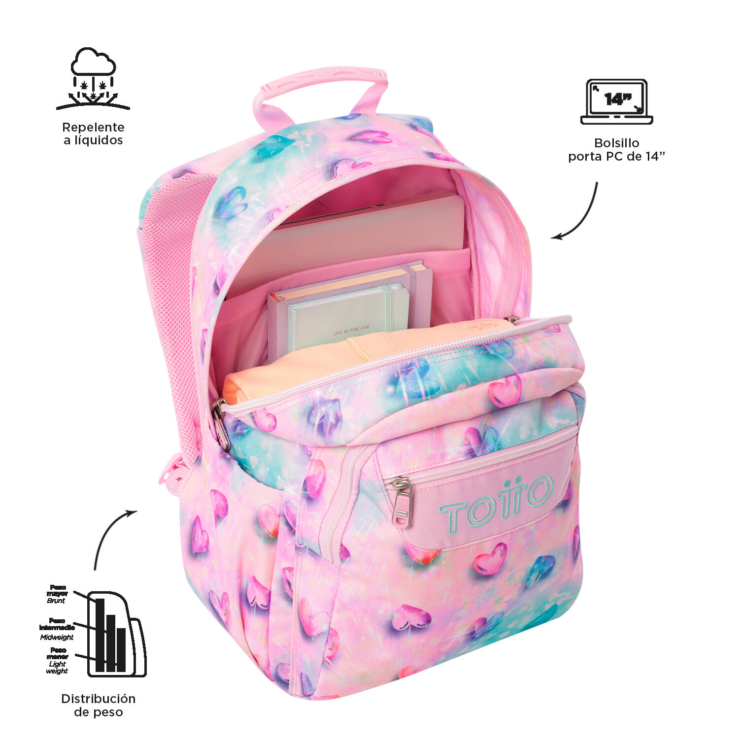 Totto Mochila escolar Acuareles Shiny Heart Poliéster reciclado 33 x 44 x 14 cm 4/5