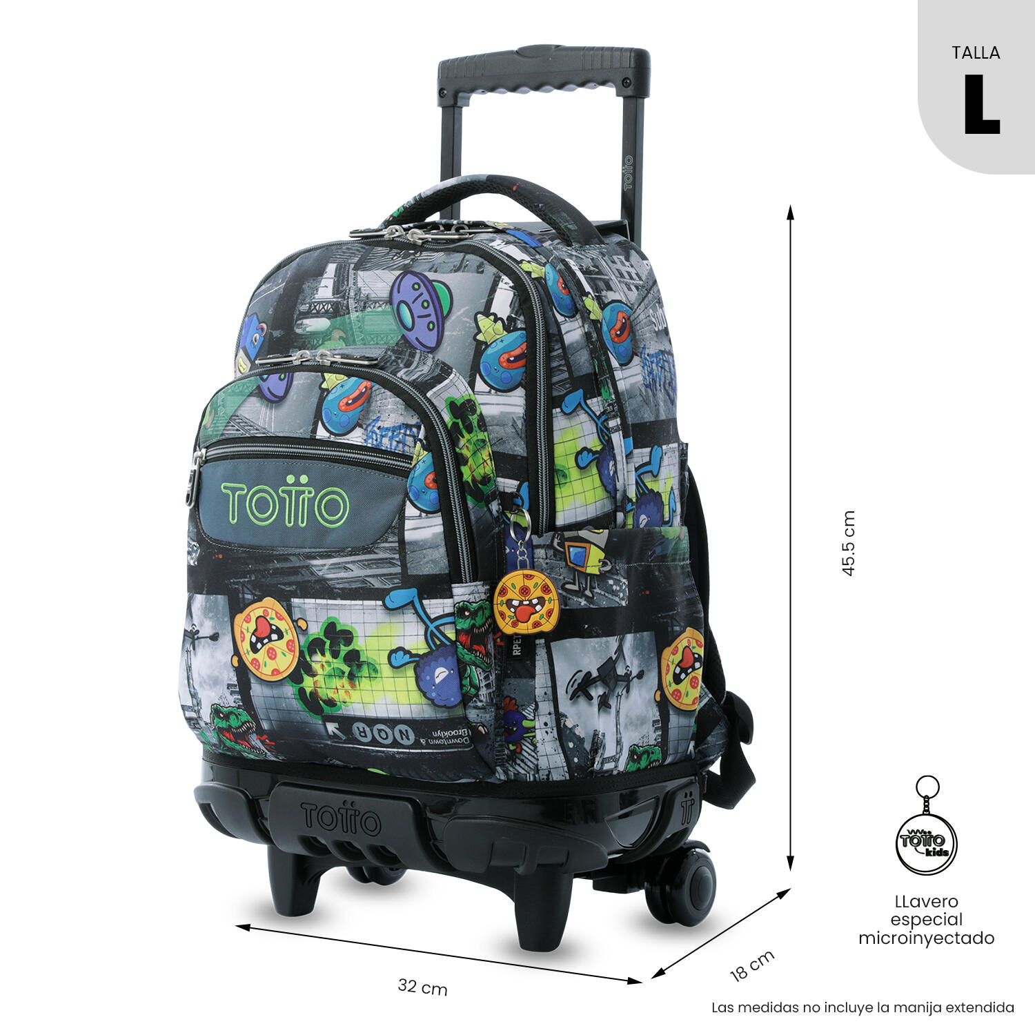 Totto Mochila escolar ruedas Renglones Invasión galáctica Poliéster reciclado 3 2/5