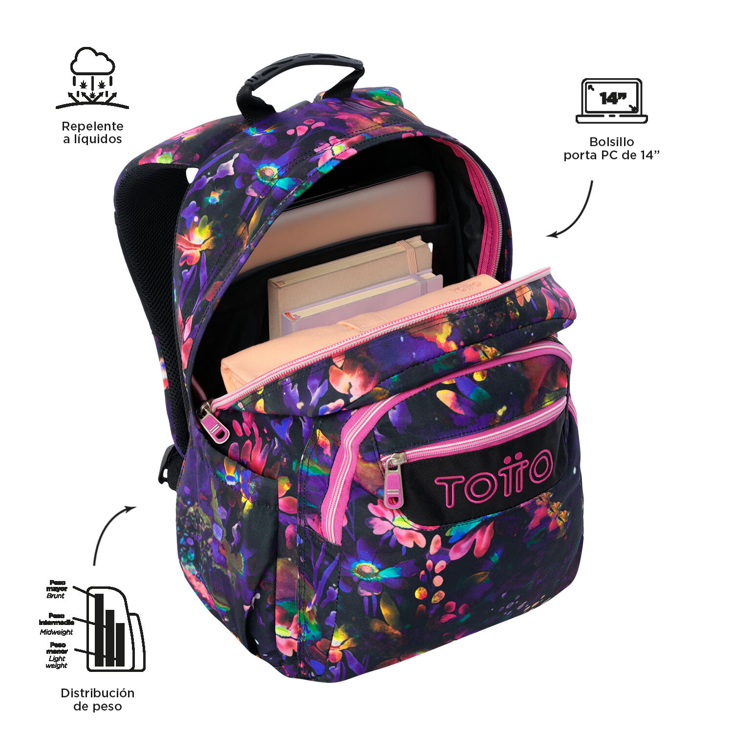 Totto Mochila escolar Acuareles Flower Galaxy Poliéster reciclado 33 x 44 x 14 4/5