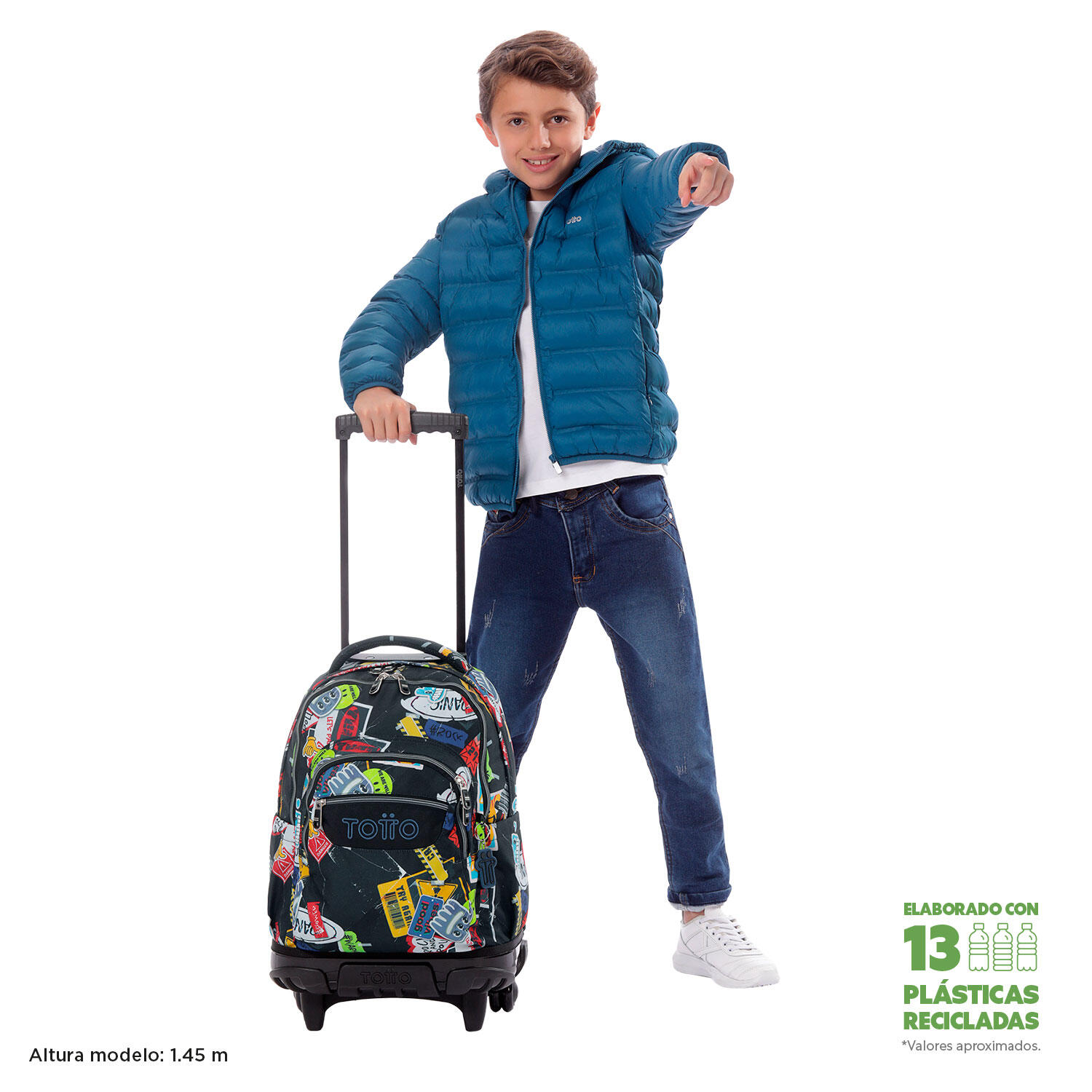 Totto Mochila escolar ruedas Renglones Sticky Poliéster reciclado 32 x 45.5 x 1 2/5