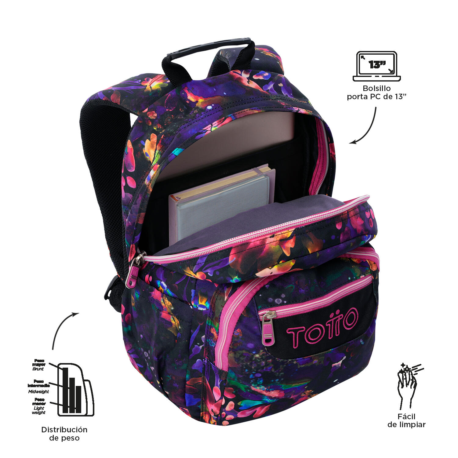 Totto Mochila escolar Gommas Flower Galaxy Poliéster reciclado 29 x 39 x 14 cm 4/5