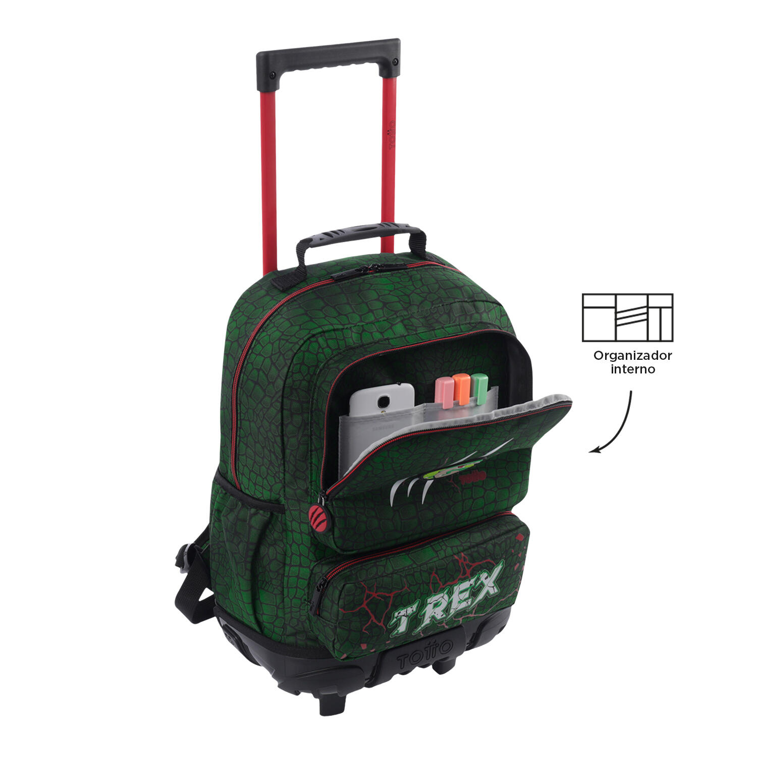 Totto Mochila infantil ruedas Rex Dino Verde Poliéster 28.5 x 41 x 12.5 cm 5/5