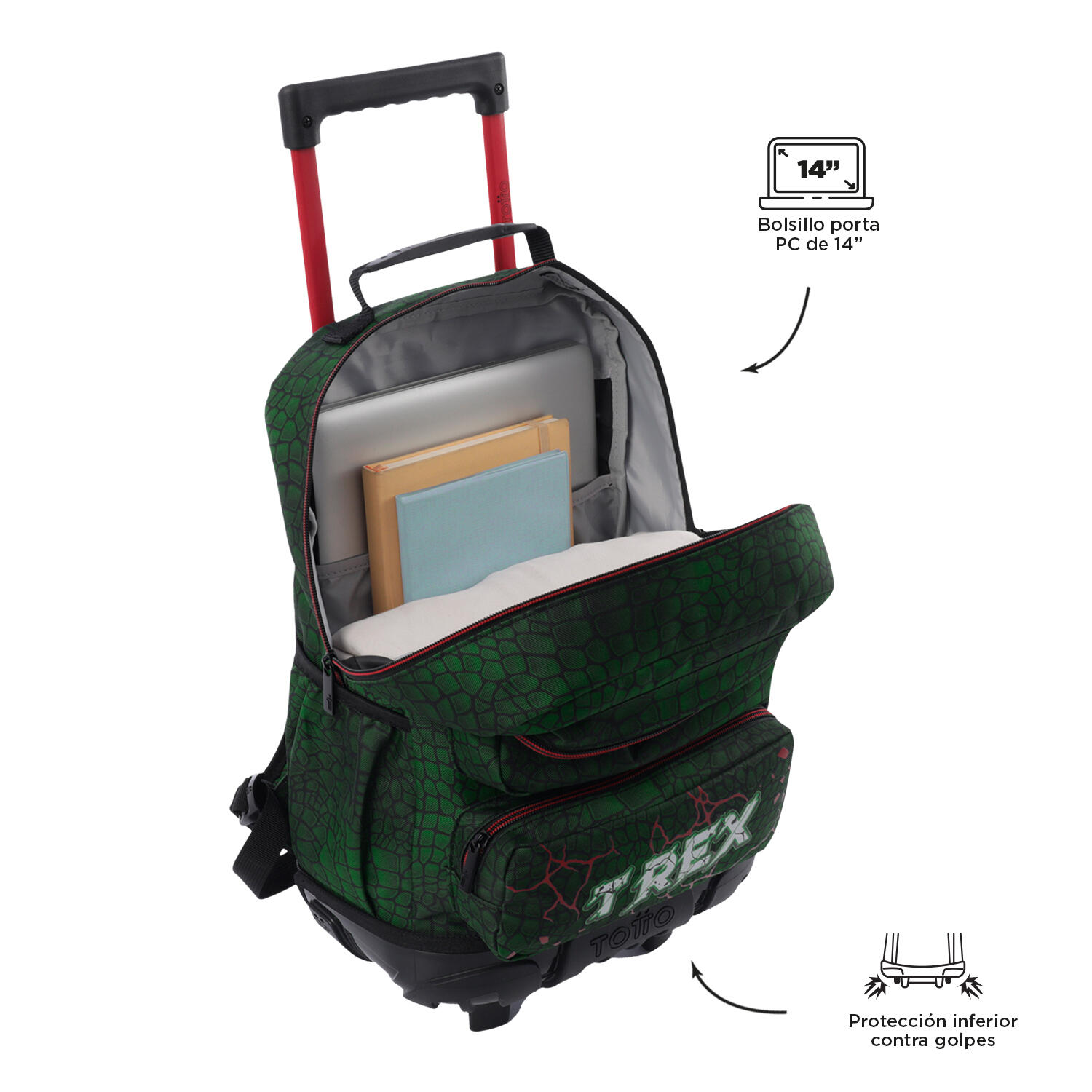 Totto Mochila infantil ruedas Rex Dino Verde Poliéster 28.5 x 41 x 12.5 cm 4/5