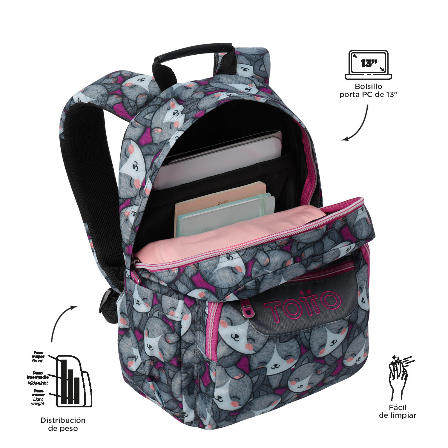 Totto Mochila escolar Gommas Kitten Rose Poliéster reciclado 29 x 39 x 14 cm 4/5