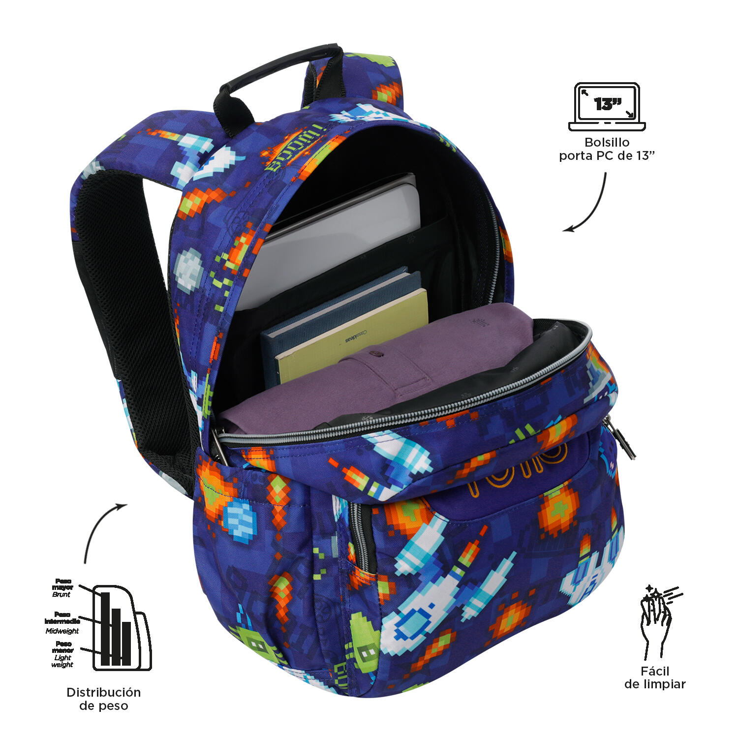 Totto Mochila escolar Gommas Space Blue Poliéster reciclado 29 x 39 x 14 cm 5/5