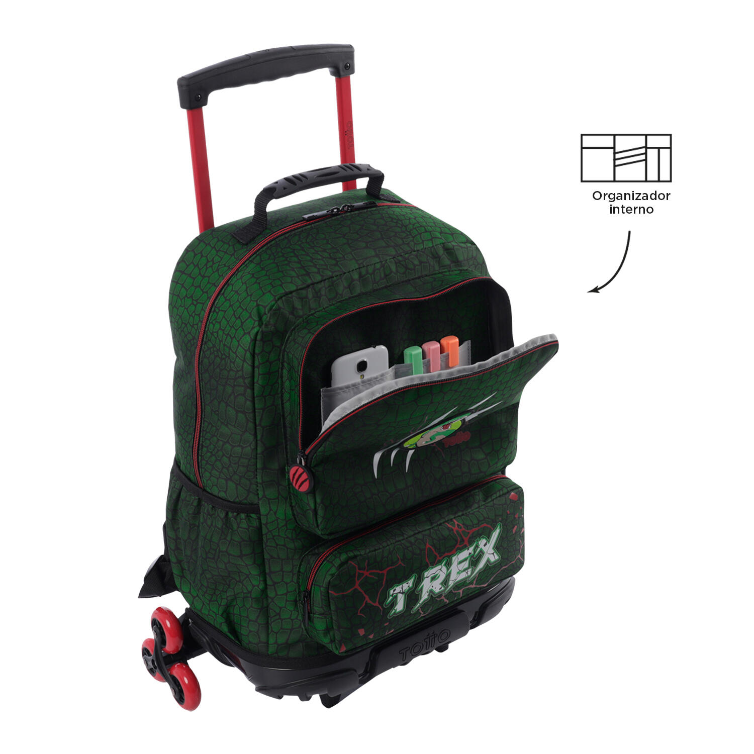 Totto Mochila infantil ruedas Rex Dino Verde Poliéster 33 x 47.5 x 16 cm 5/5