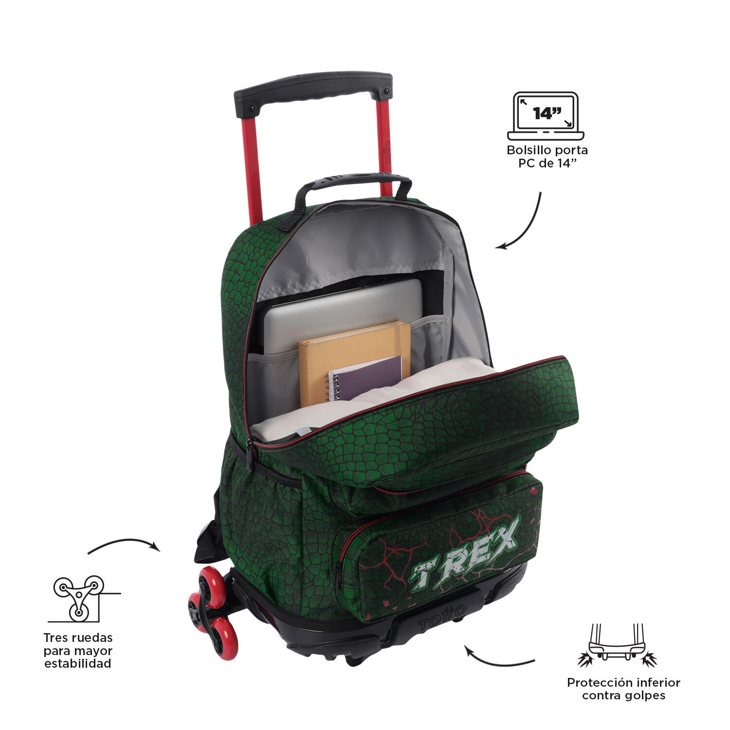 Totto Mochila infantil ruedas Rex Dino Verde Poliéster 33 x 47.5 x 16 cm 4/5