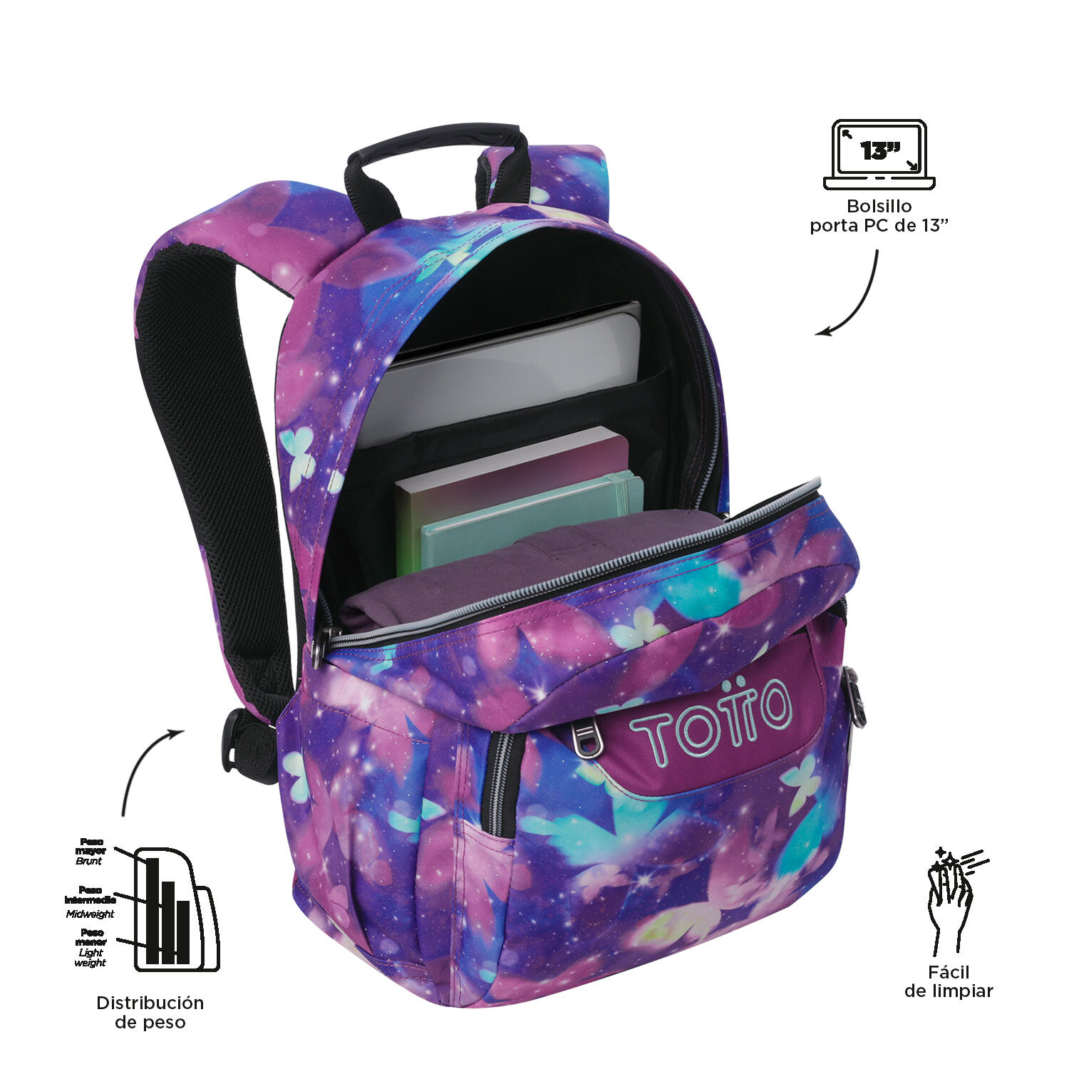 Totto Mochila escolar Gommas Butterfly Poliéster reciclado 29 x 39 x 14 cm 5/5