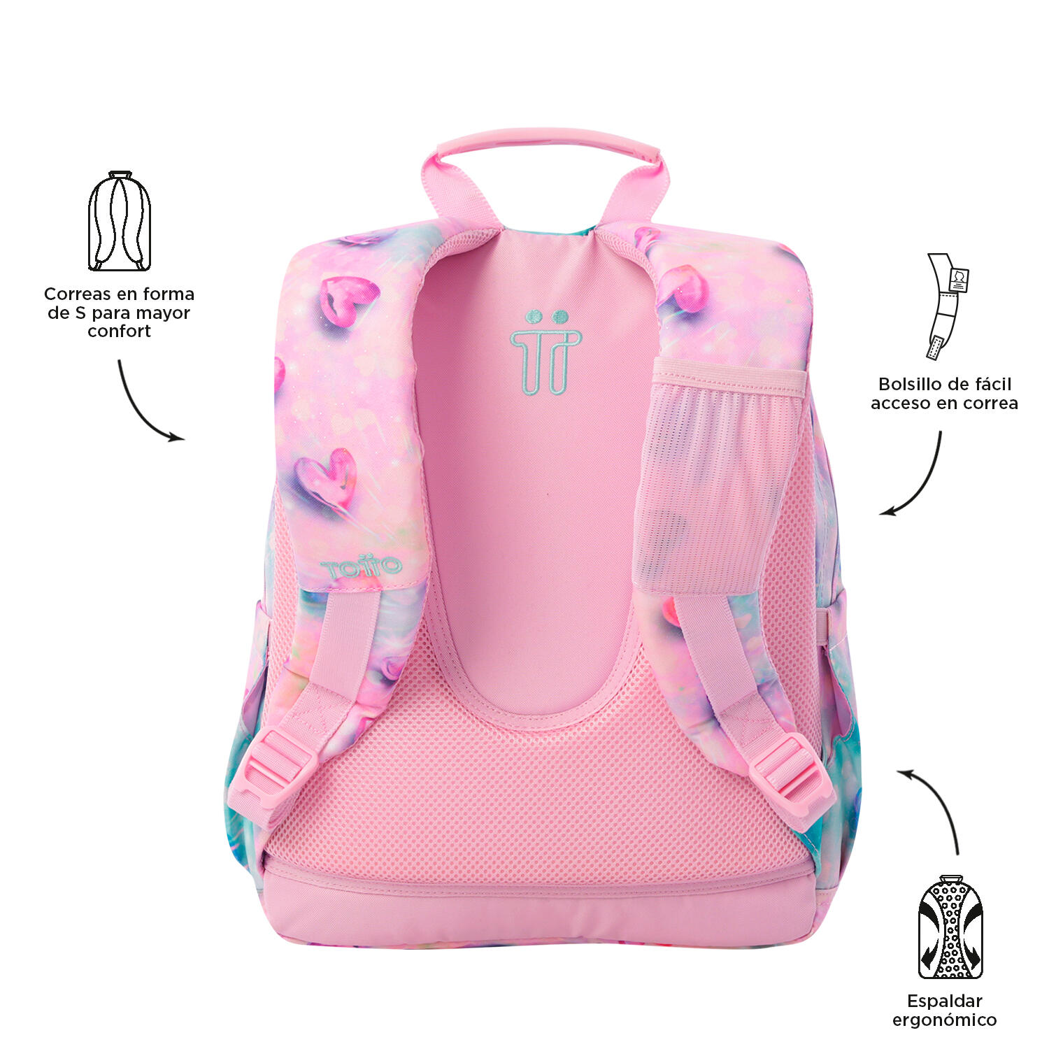 Totto Mochila escolar Gommas Shiny Heart Poliéster reciclado 29 x 39 x 14 cm 3/5