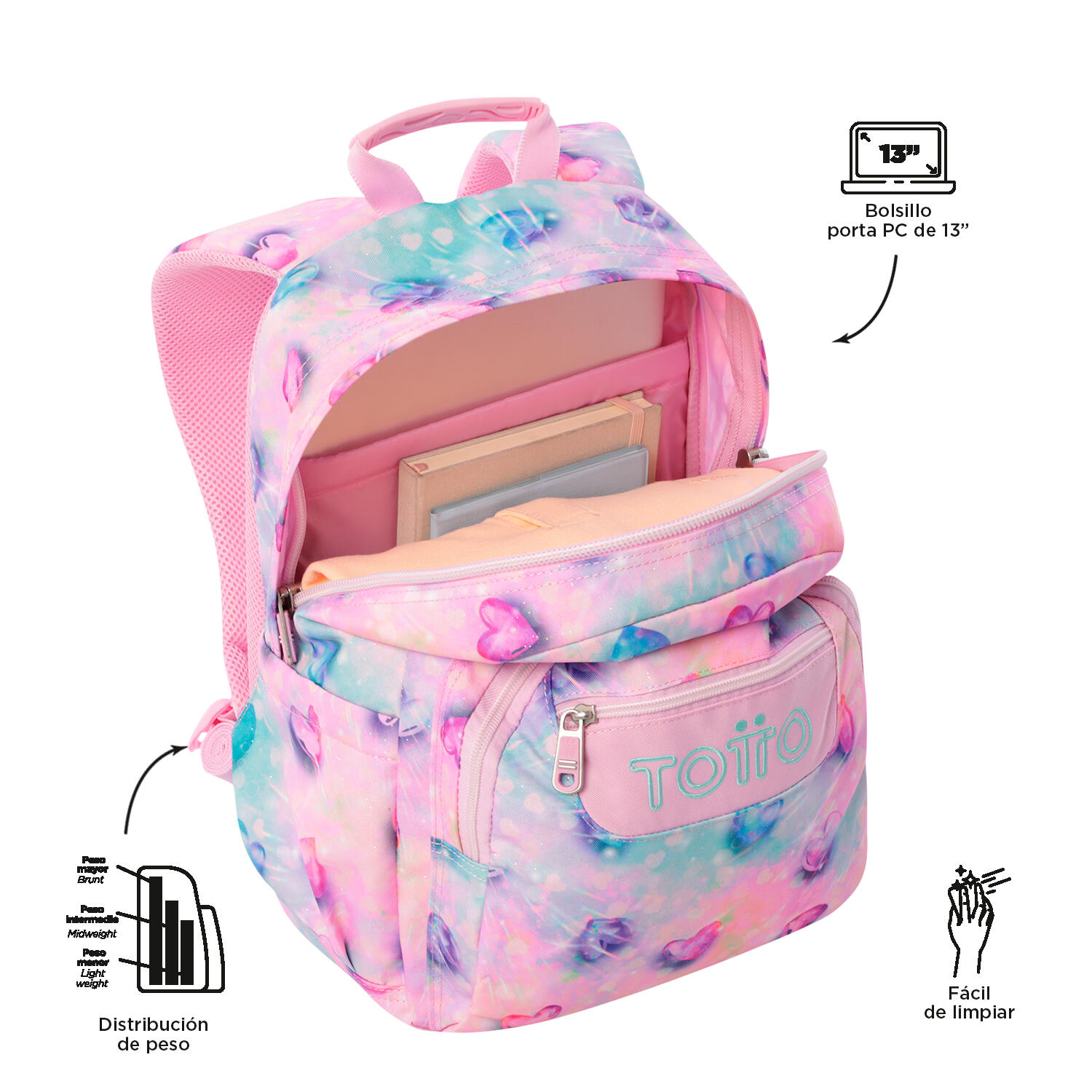 Totto Mochila escolar Gommas Shiny Heart Poliéster reciclado 29 x 39 x 14 cm 4/5