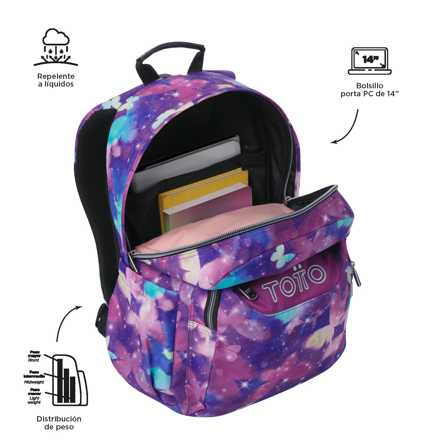 Totto Mochila escolar Acuareles Butterfly Poliéster reciclado 33 x 44 x 14 cm 4/5