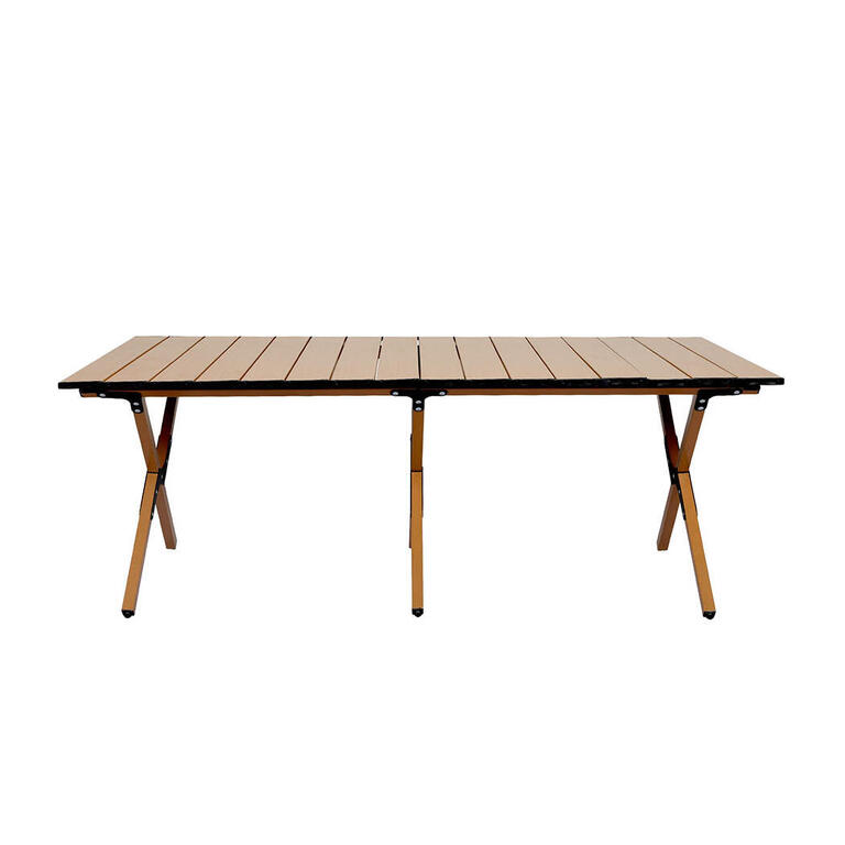 Large foldable outdoor camping table with wood-look slatted tabletop