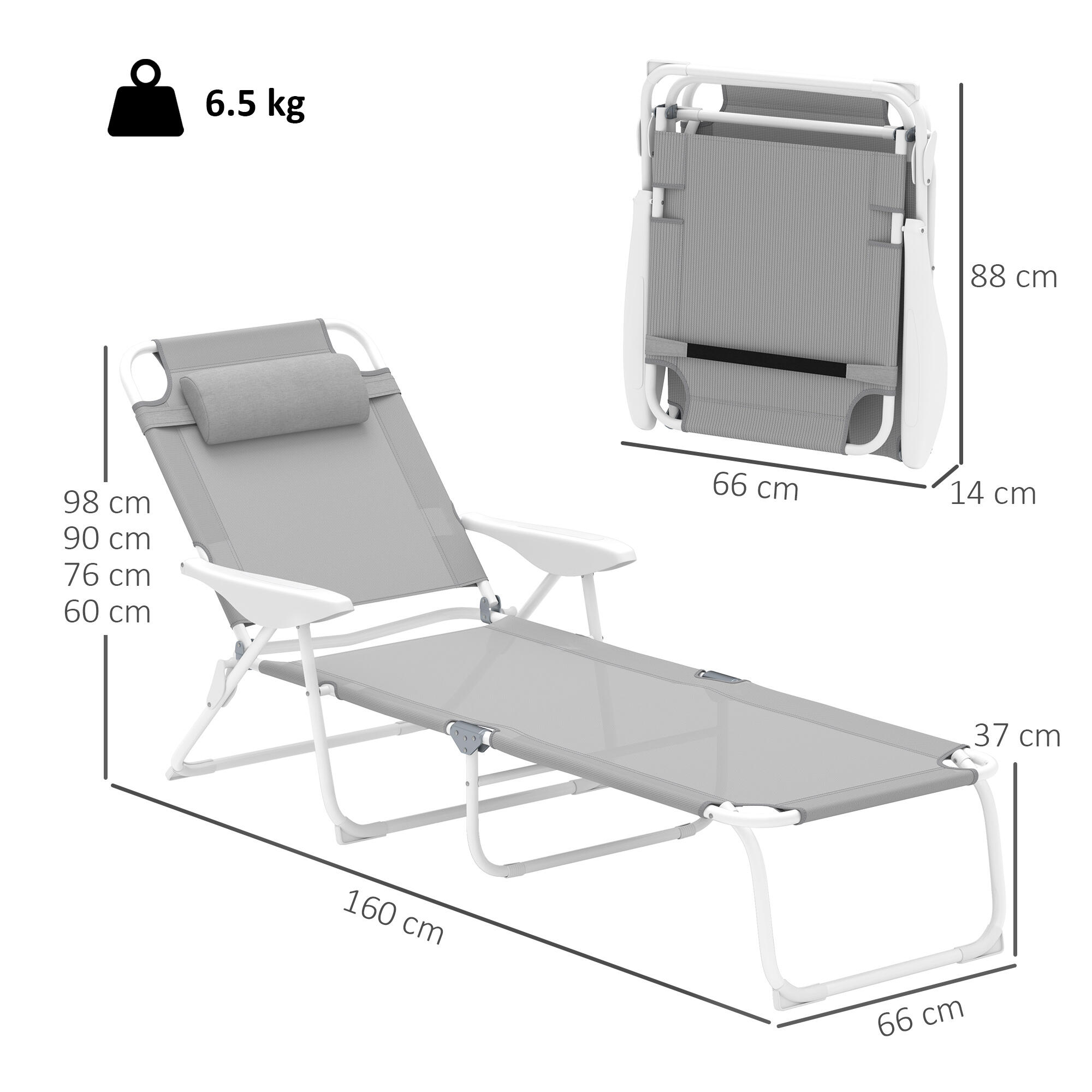 Tumbona Reclinable Outsunny 186x66x80 cm Gris 3/7