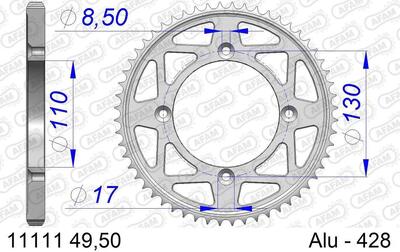 Afam tandwiel 428, 50 tanden, aluminium, zilver.