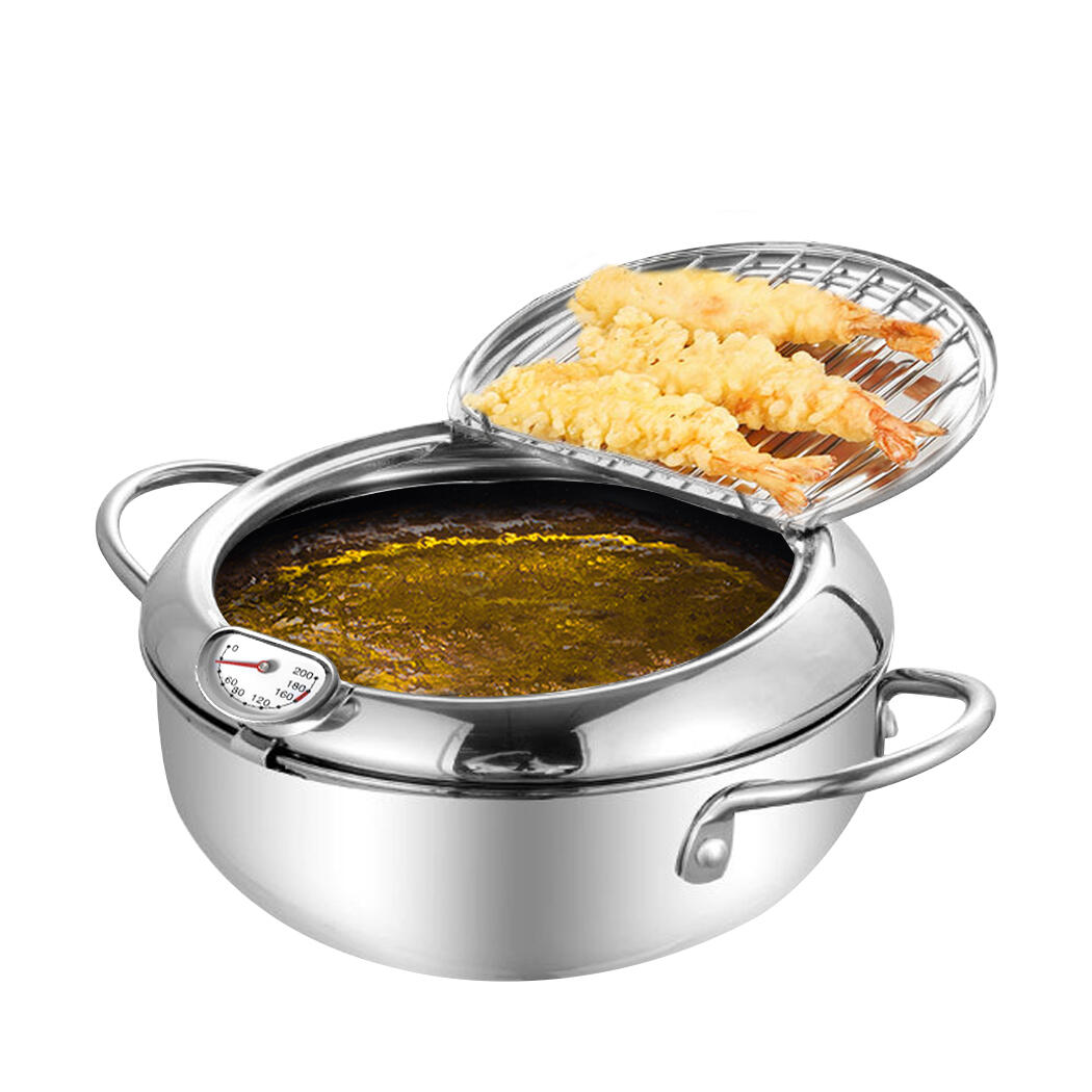 TOQUE 24cm Silver Japanese Tempura Deep Frying Pot with Thermometer