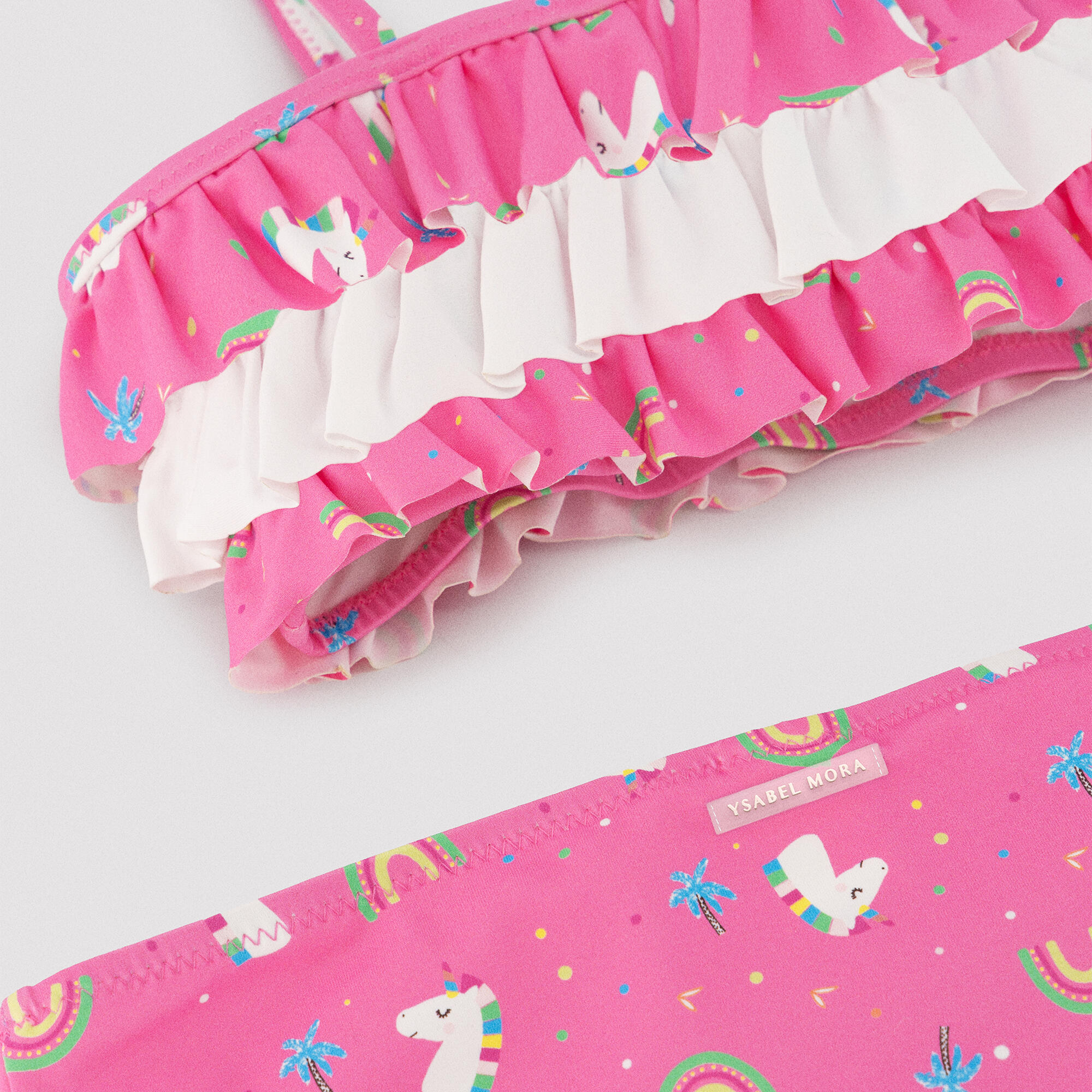Bikini niña detalle volantes estampado unicornios rosa 3/7
