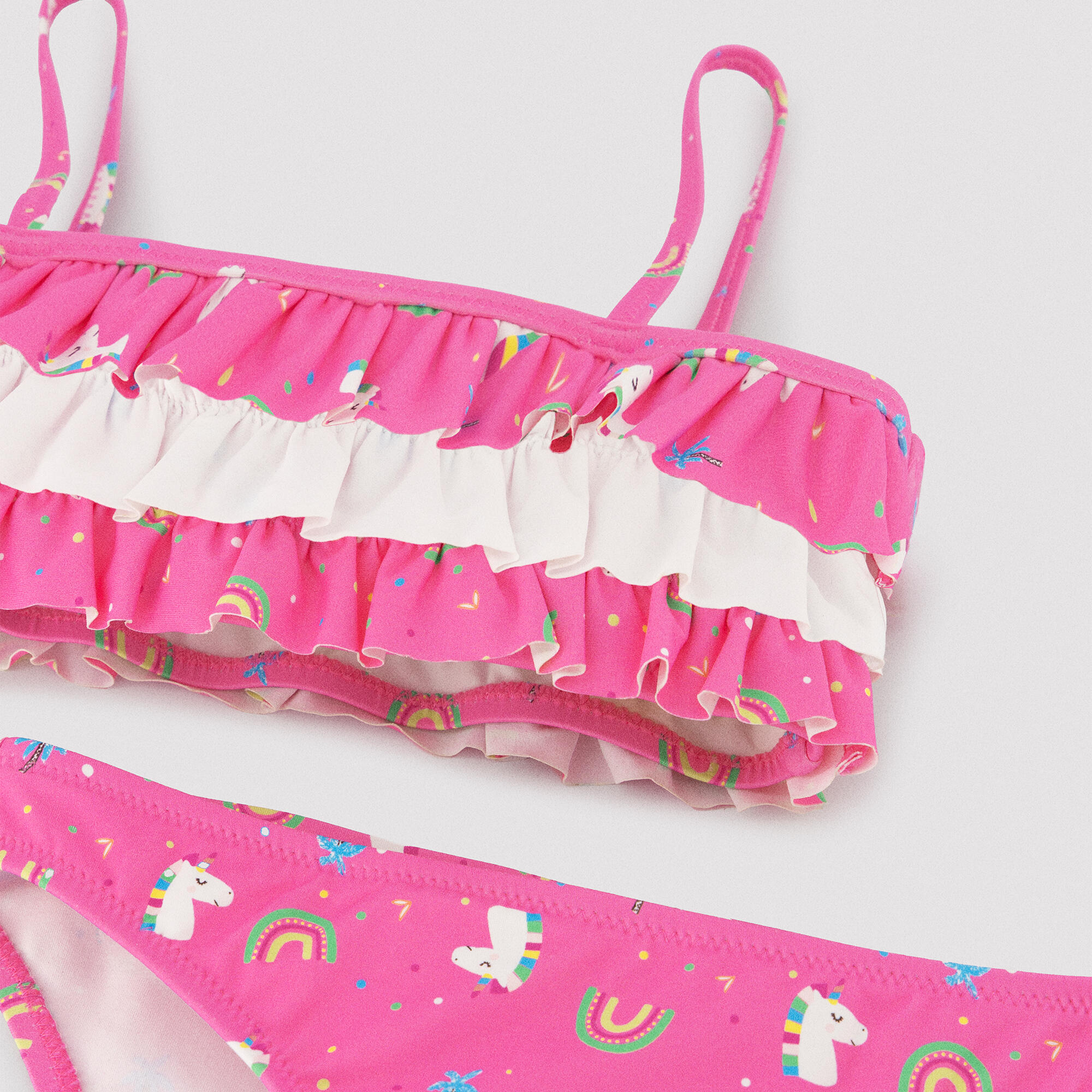 Bikini niña detalle volantes estampado unicornios rosa 2/7
