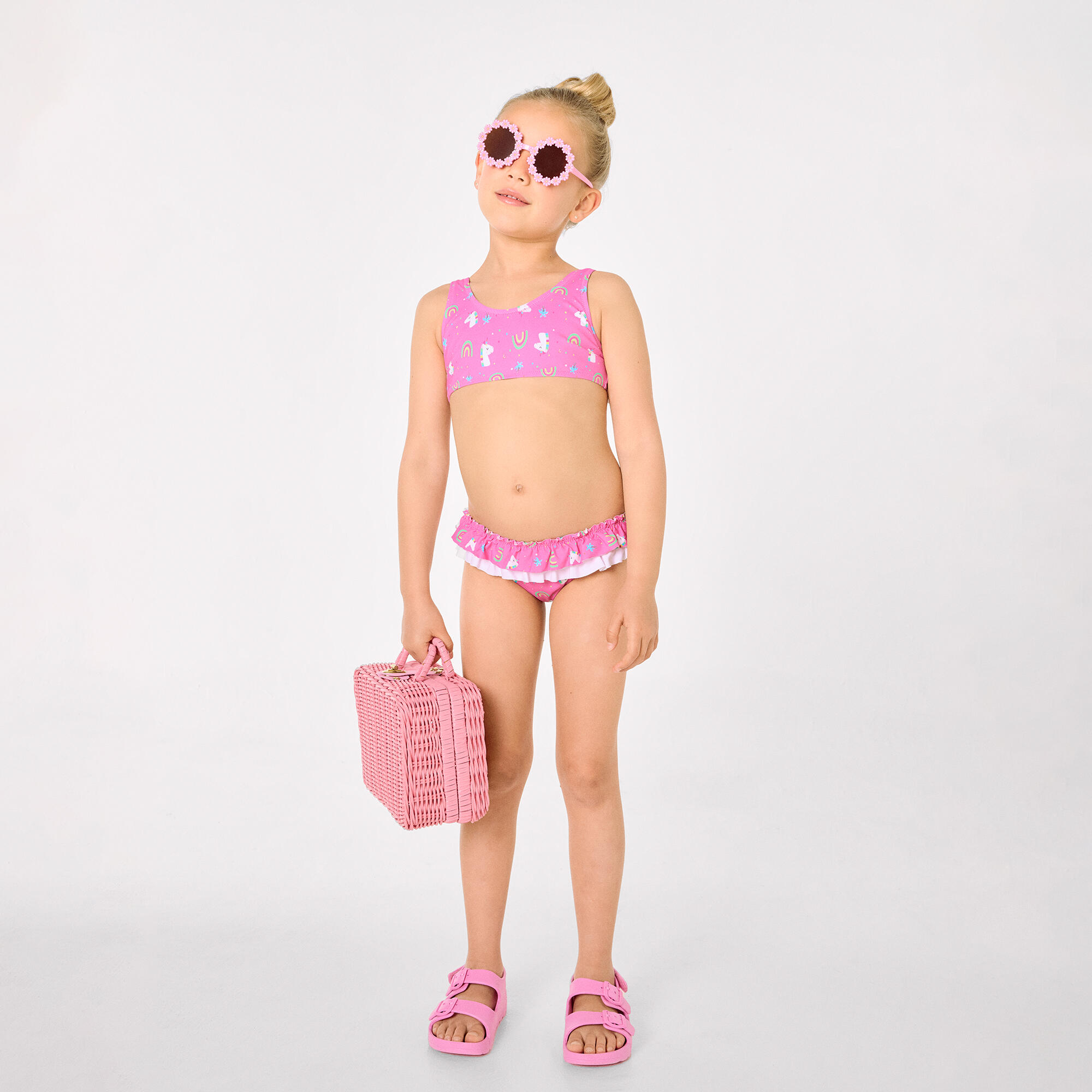 Bikini niña detalle volantes y lazos estampado unicornios rosa 7/7
