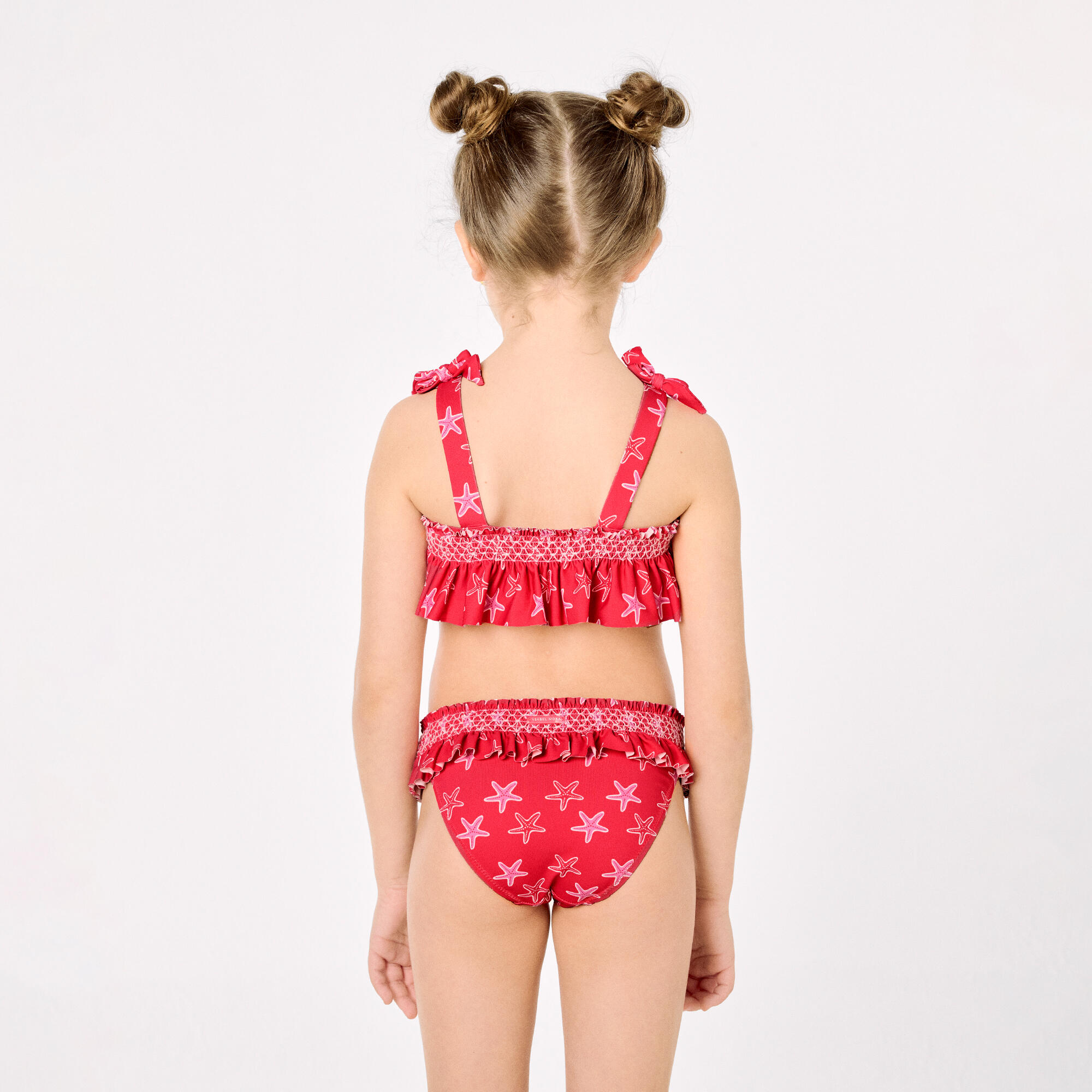 Bikini niña detalles volantes y nido de abeja estampado estrellas marinas rojo 5/7
