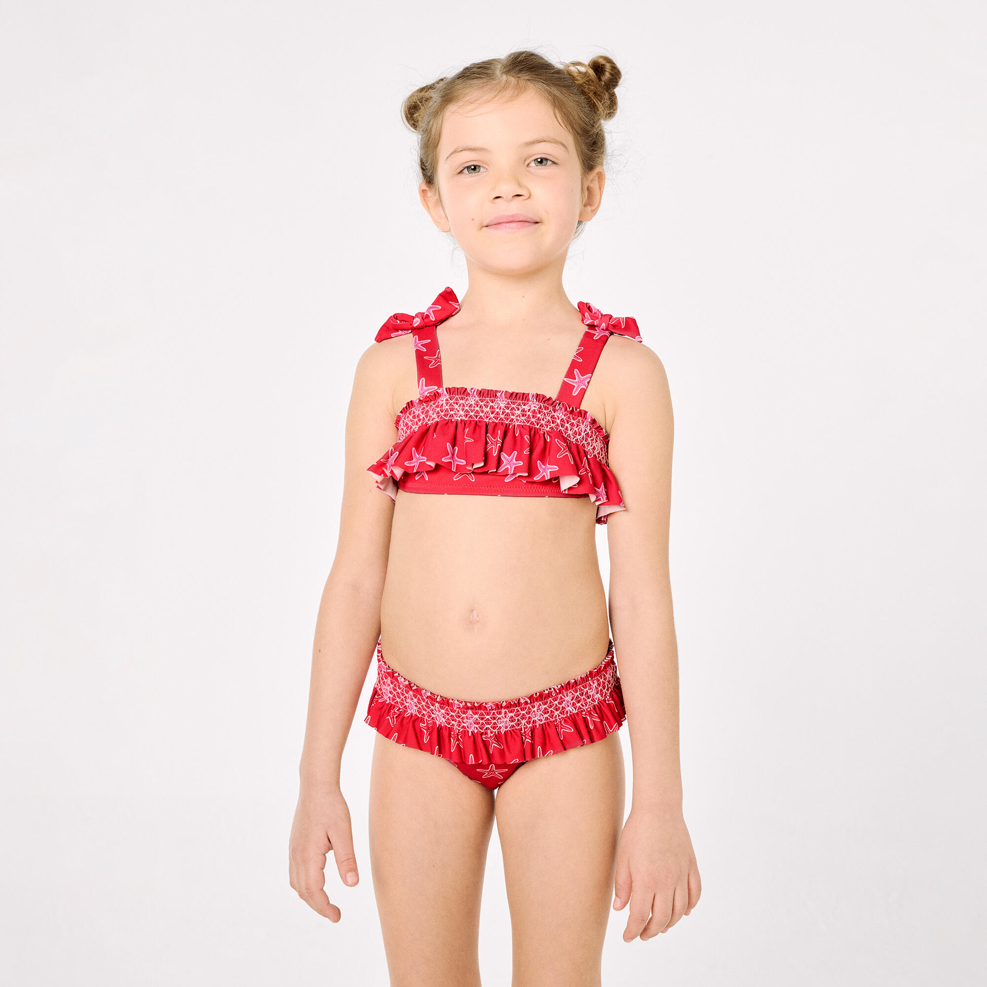 Bikini niña detalles volantes y nido de abeja estampado estrellas marinas rojo 4/7
