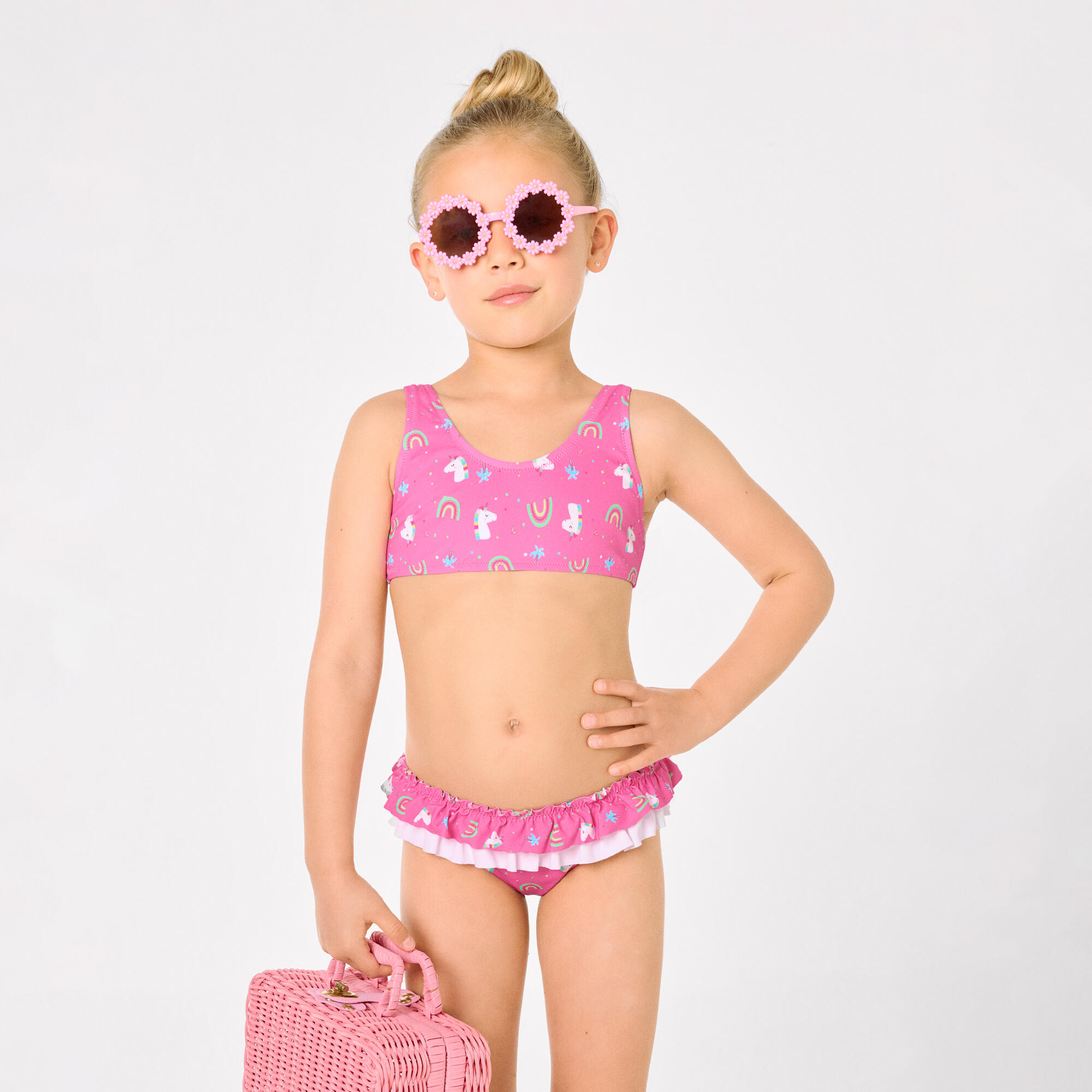 Bikini niña detalle volantes y lazos estampado unicornios rosa 4/7