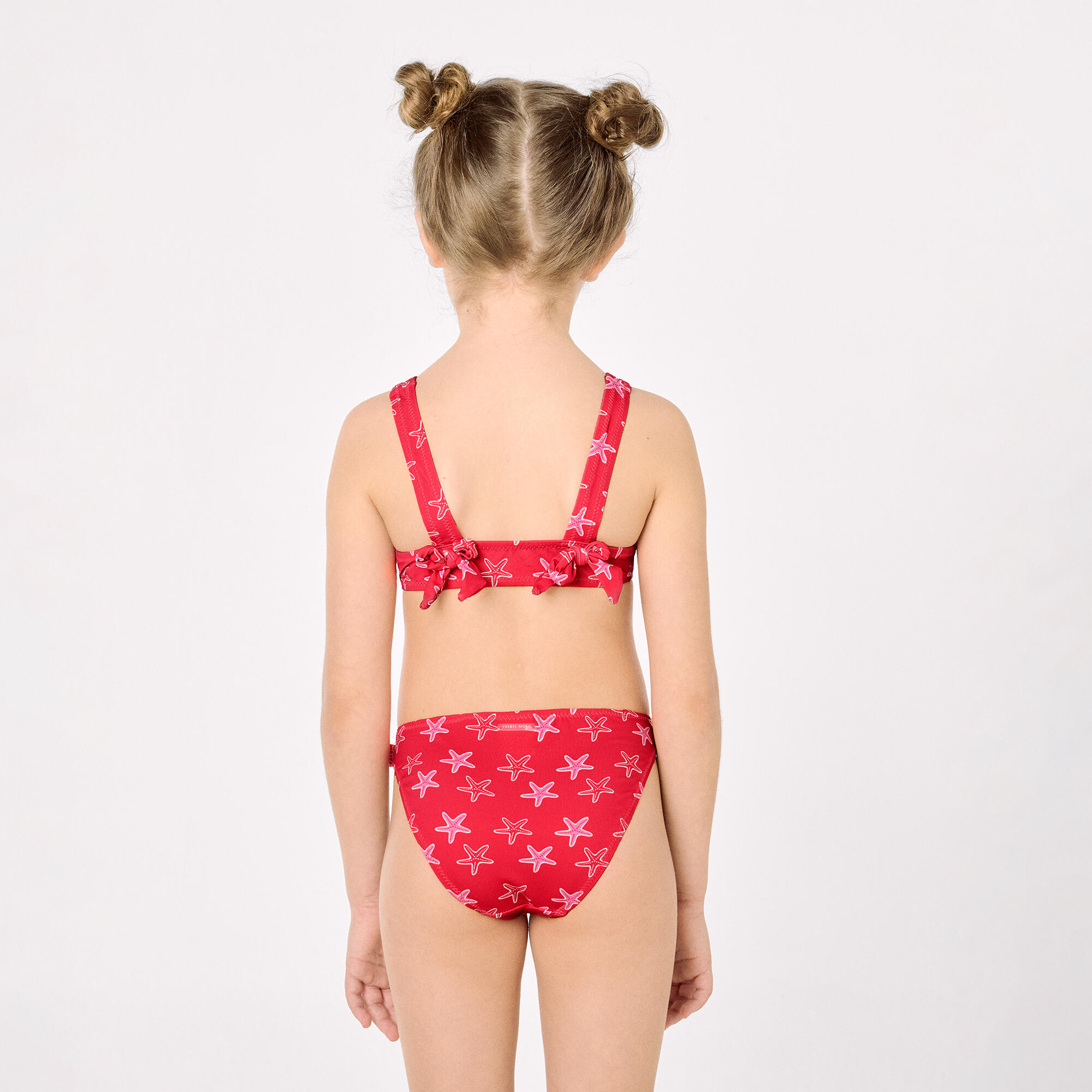 Bikini niña detalles volantes y lazos estampado estrellas marinas rojo 4/7