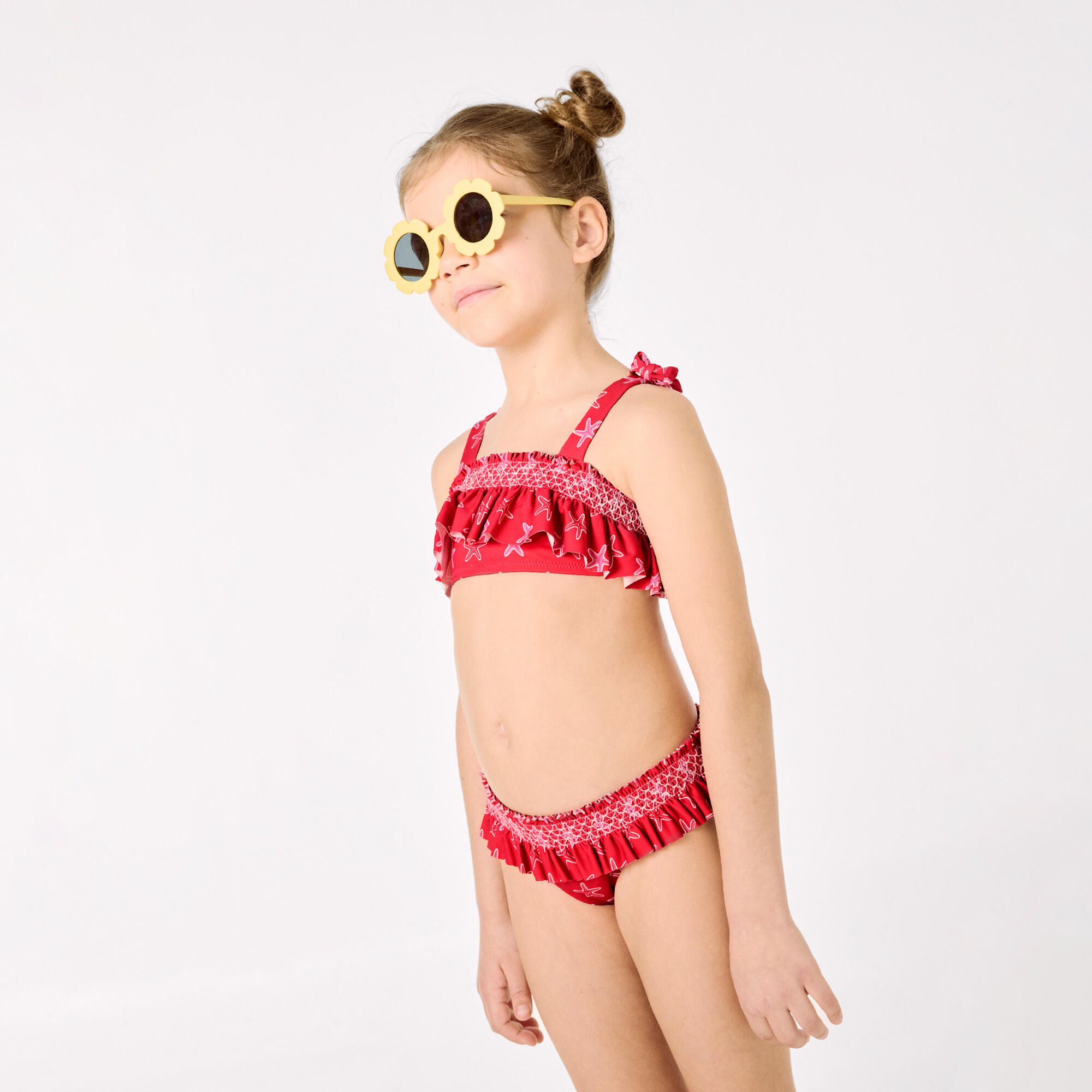 Bikini niña detalles volantes y nido de abeja estampado estrellas marinas rojo 6/7