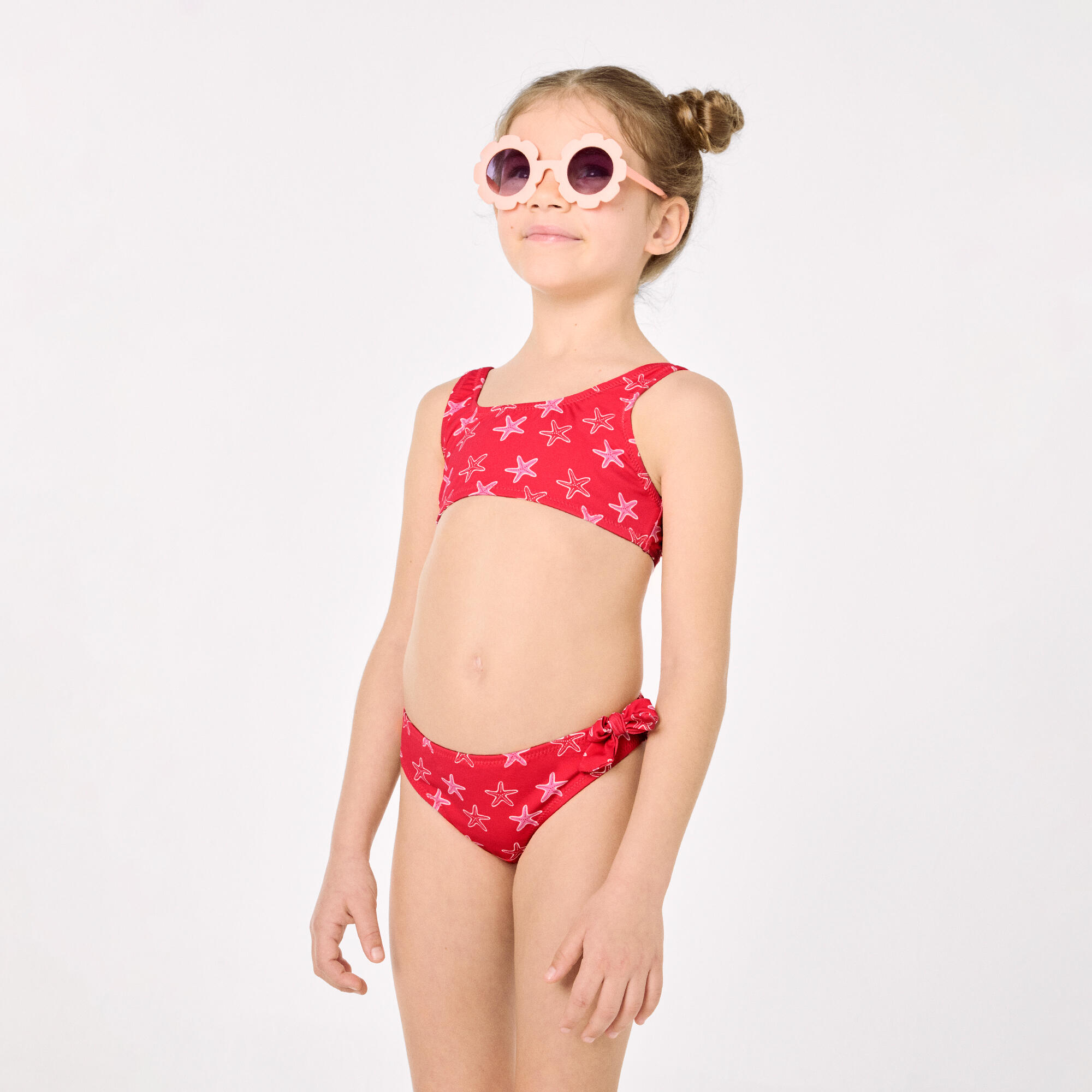 Bikini niña detalles volantes y lazos estampado estrellas marinas rojo 6/7
