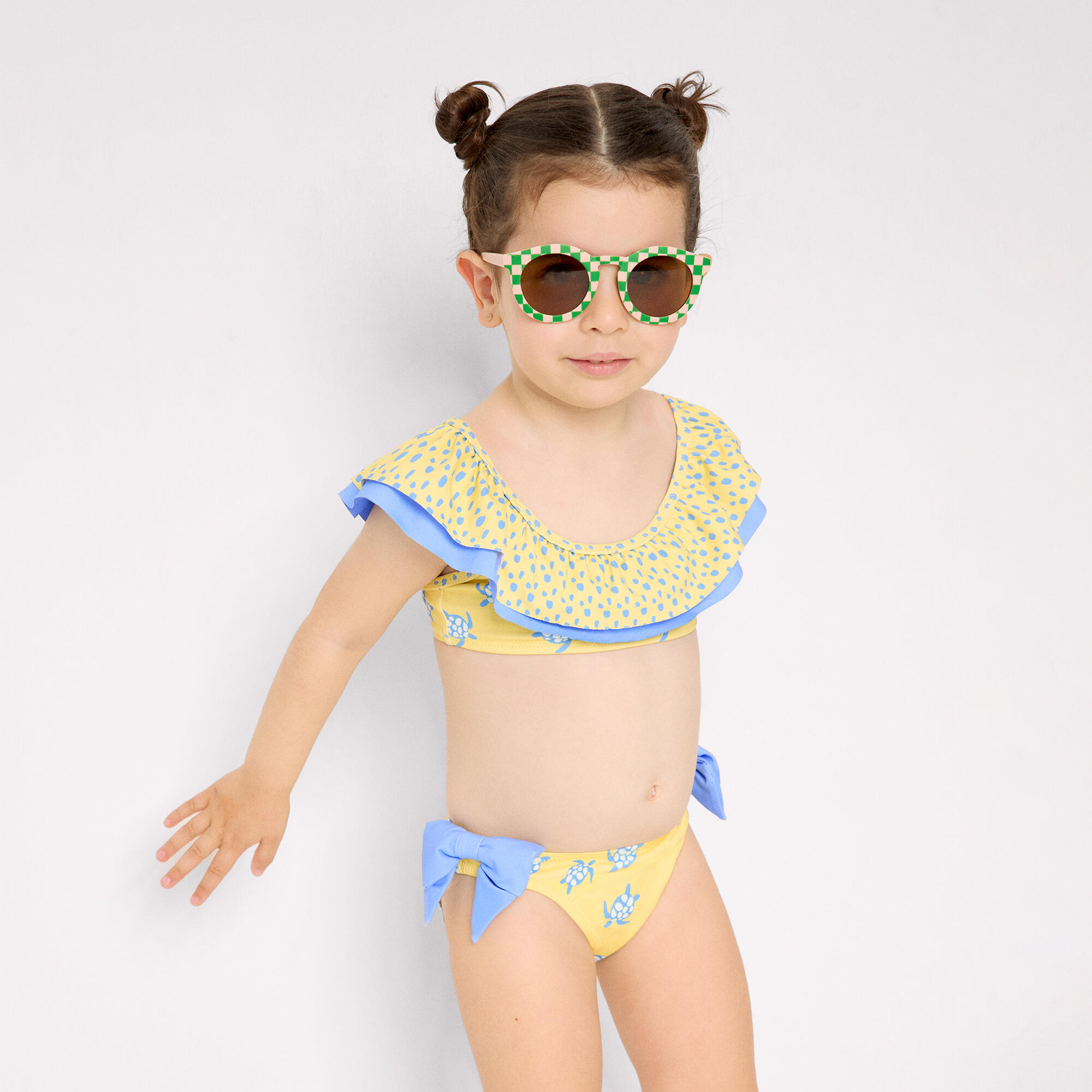 Bikini niña detalle volante y lazos estampado tortugas amarillo 4/5