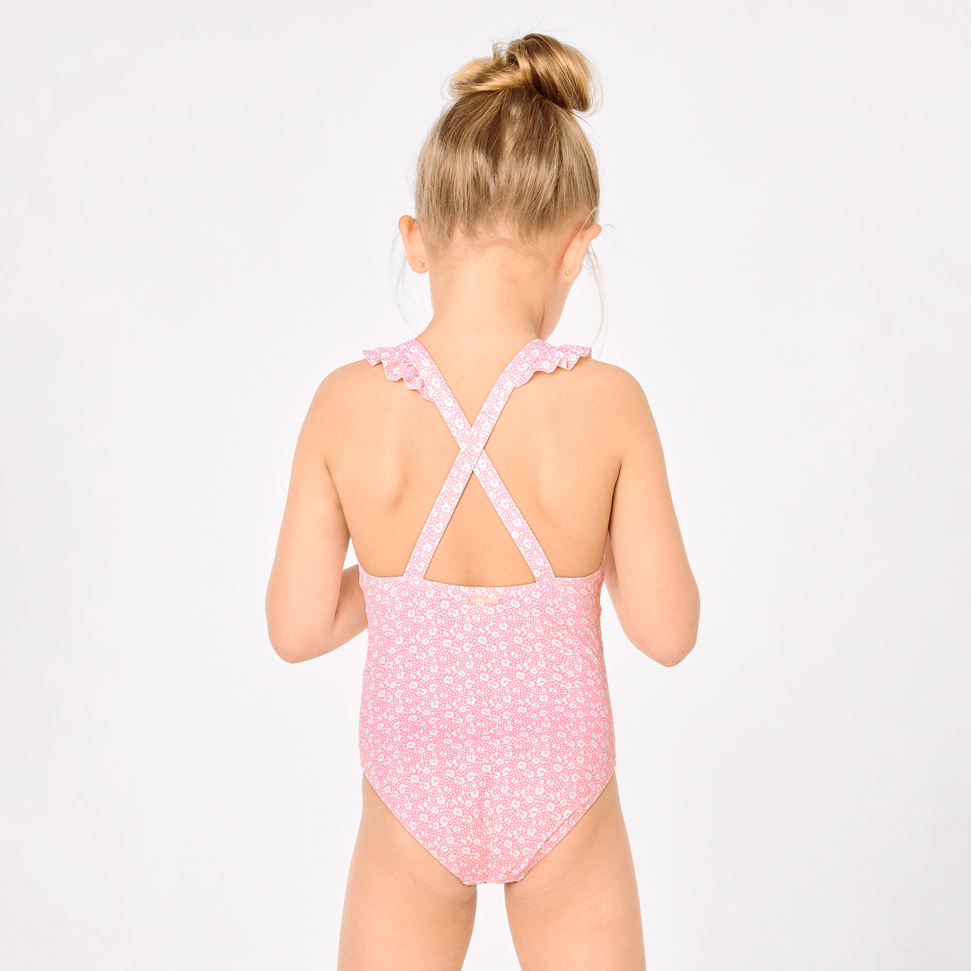Bañador niña detalles volantes y tirantes cruzados estampado leopardo rosa 7/7