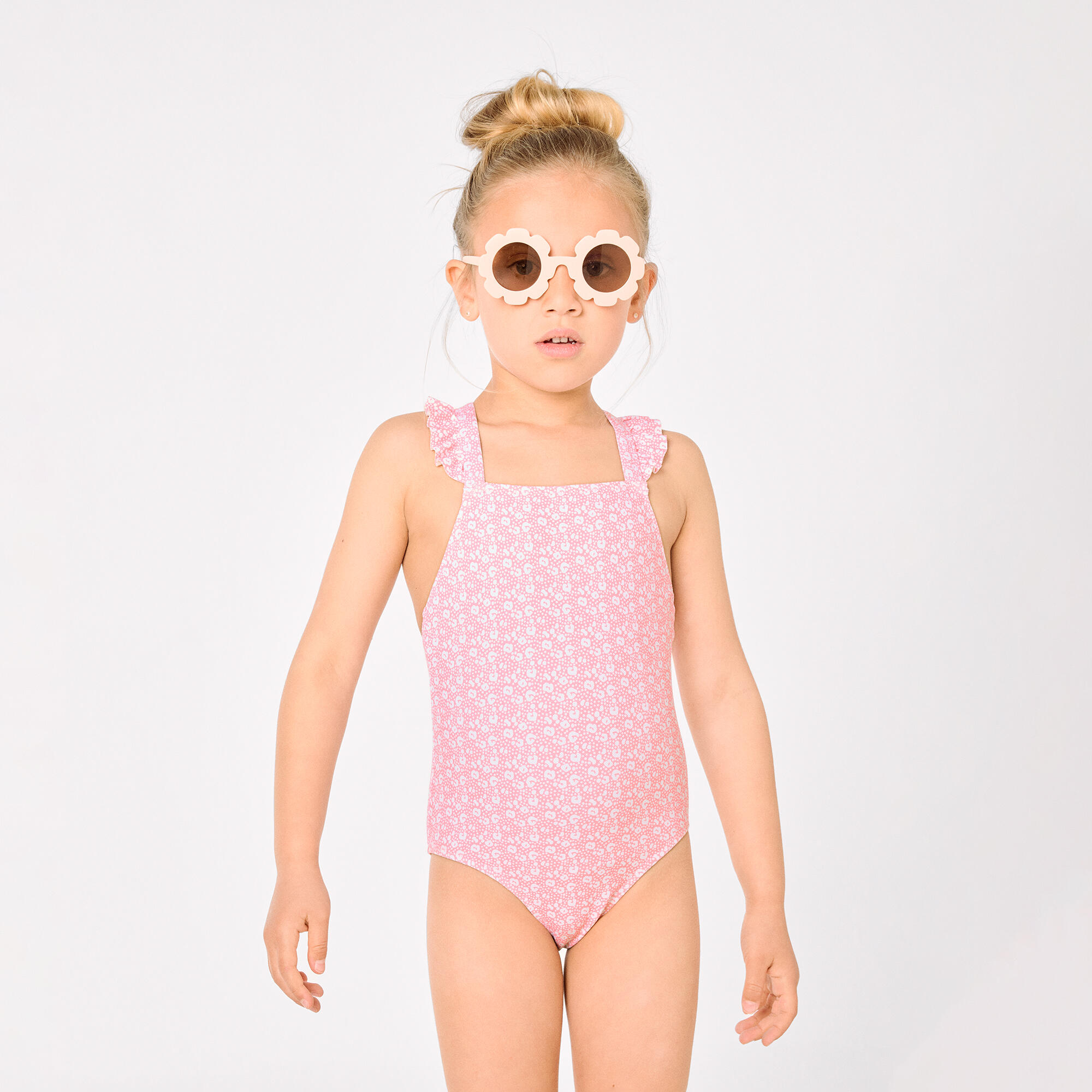 Bañador niña detalles volantes y tirantes cruzados estampado leopardo rosa 5/7