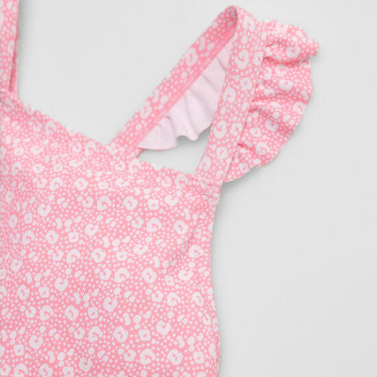 Bañador niña detalles volantes y tirantes cruzados estampado leopardo rosa