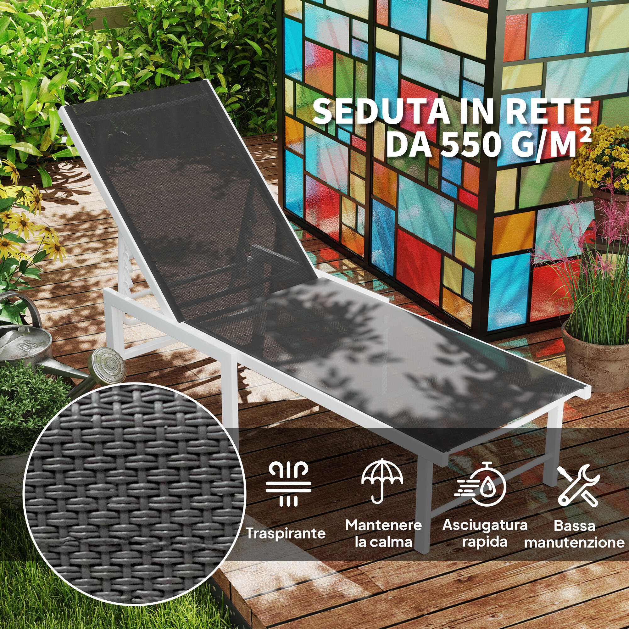 Outsunny Lettino Sdraio con Schienale Regolabile su 5 Livelli Bianco e Grigio 6/7