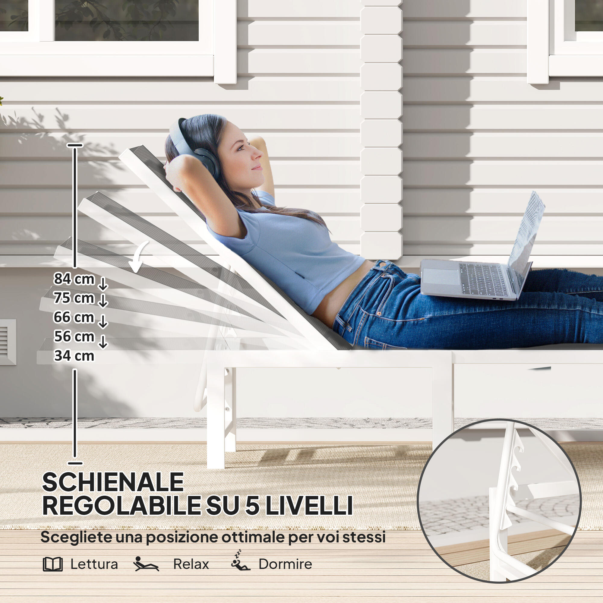 Outsunny Lettino Sdraio con Schienale Regolabile su 5 Livelli Bianco e Grigio 4/7