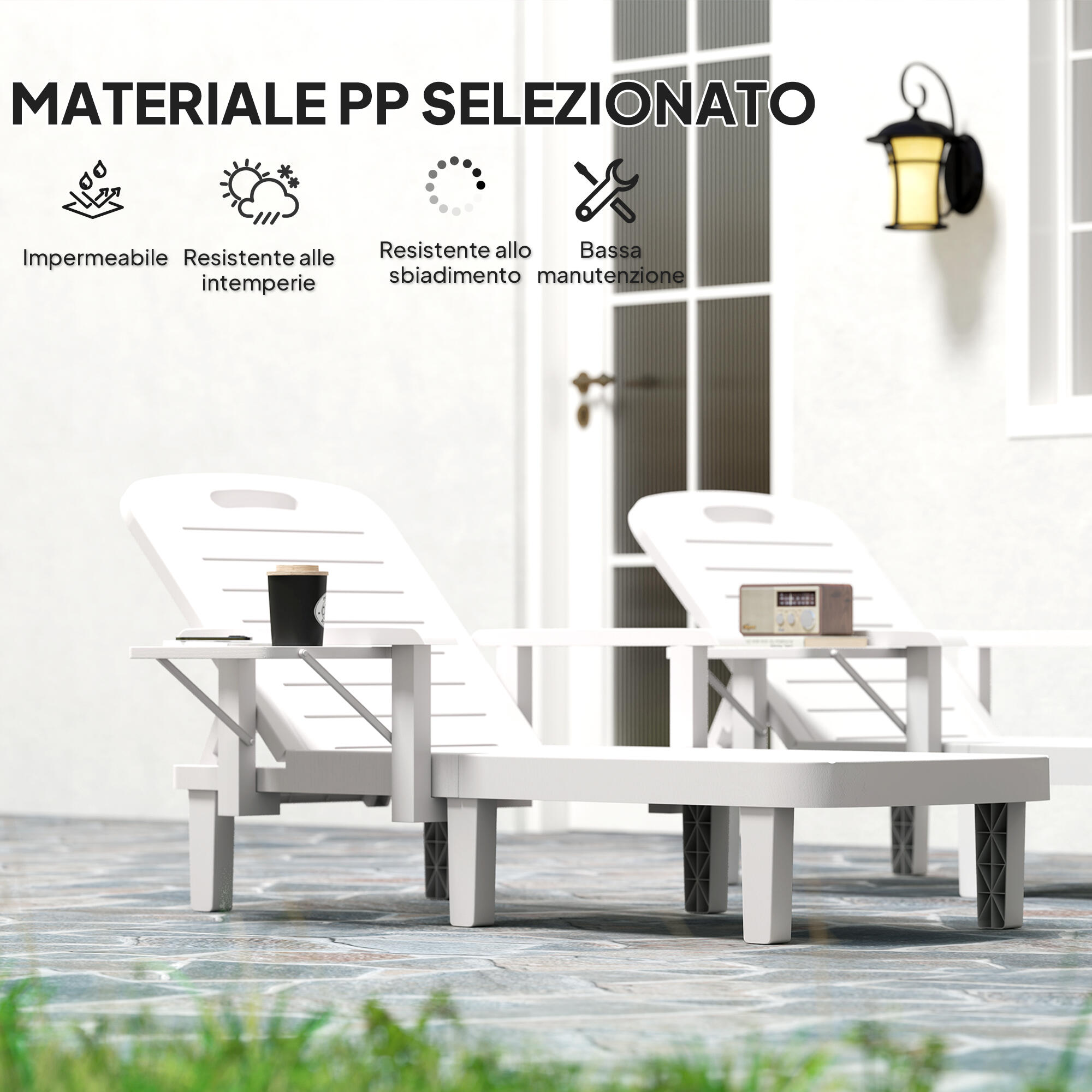 Outsunny Set 2 Sdraio da Esterno Regolabili con Tavolino e Braccioli Bianco 6/7