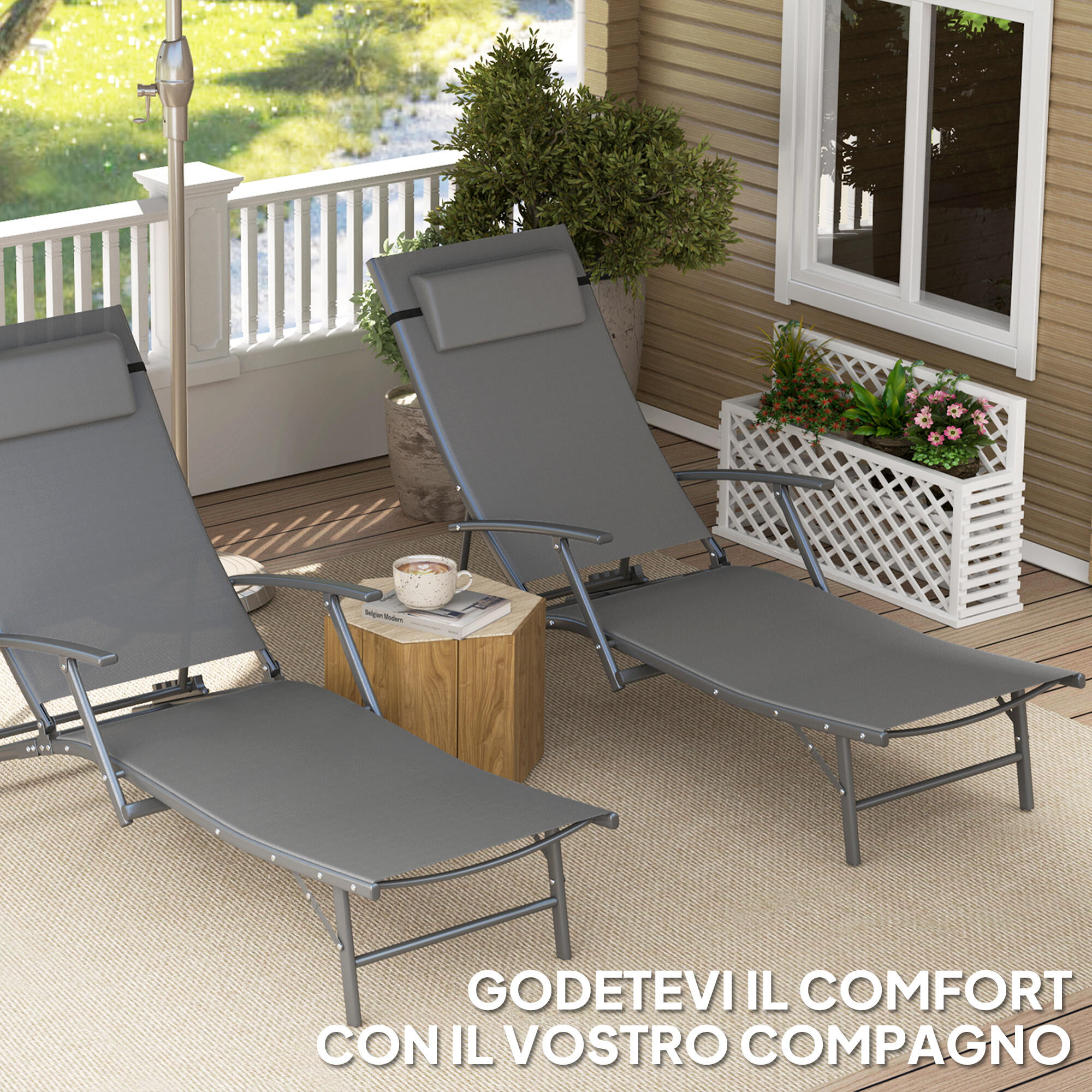 Outsunny Set 2 Sdraio Pieghevoli con Schienale Regolabile e Cuscino Grigio 6/8