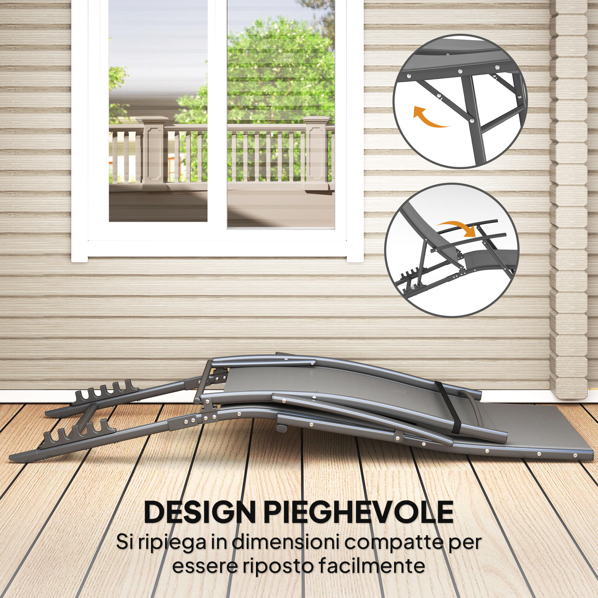 Outsunny Set 2 Sdraio Pieghevoli con Schienale Regolabile e Cuscino Grigio 7/8