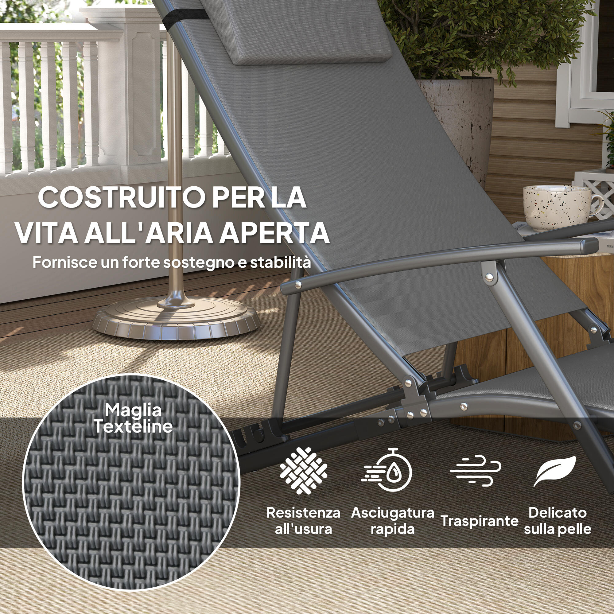 Outsunny Set 2 Sdraio Pieghevoli con Schienale Regolabile e Cuscino Grigio 5/8