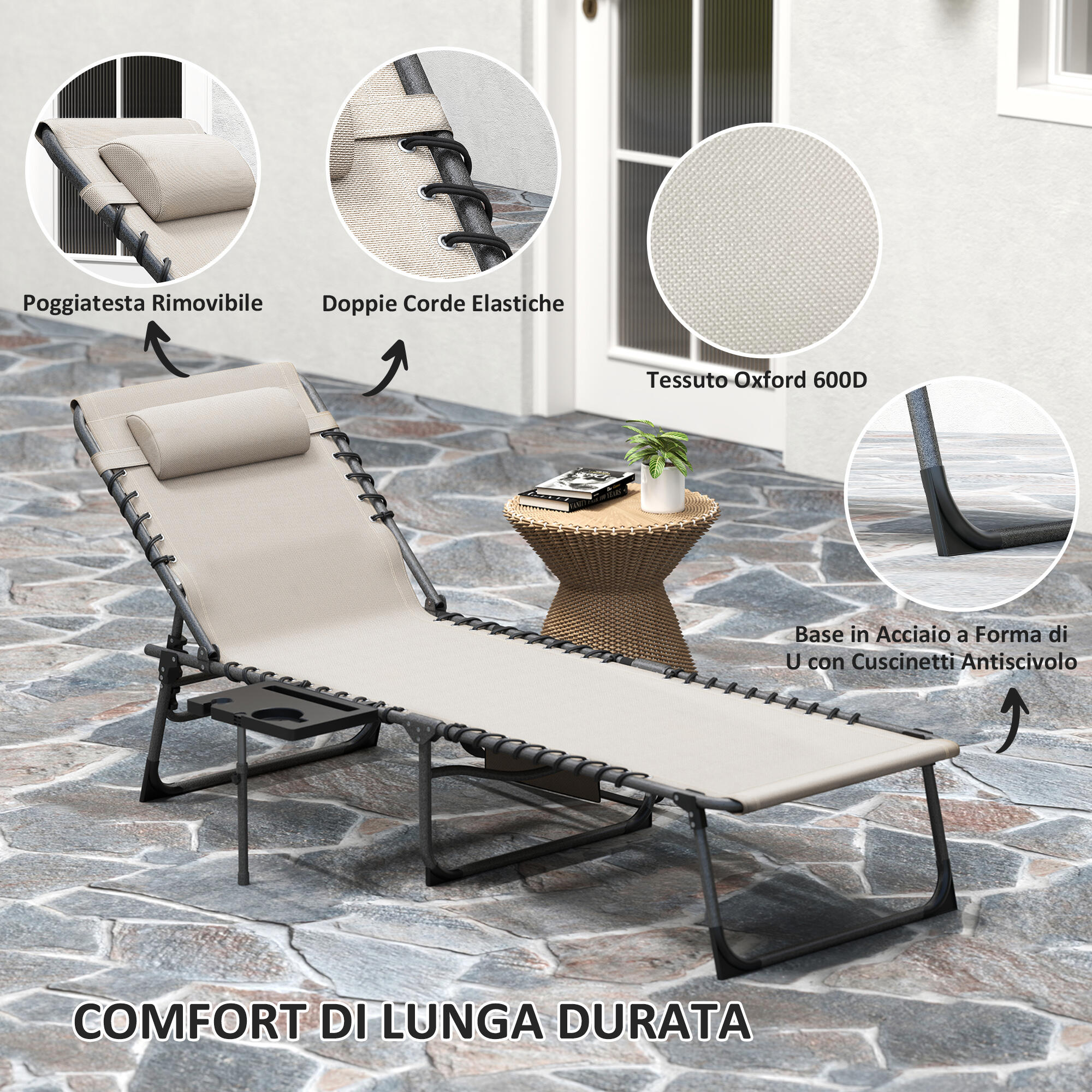 Outsunny Sdraio da Esterno Pieghevole e Reclinabile a 5 Livelli Crema 5/7