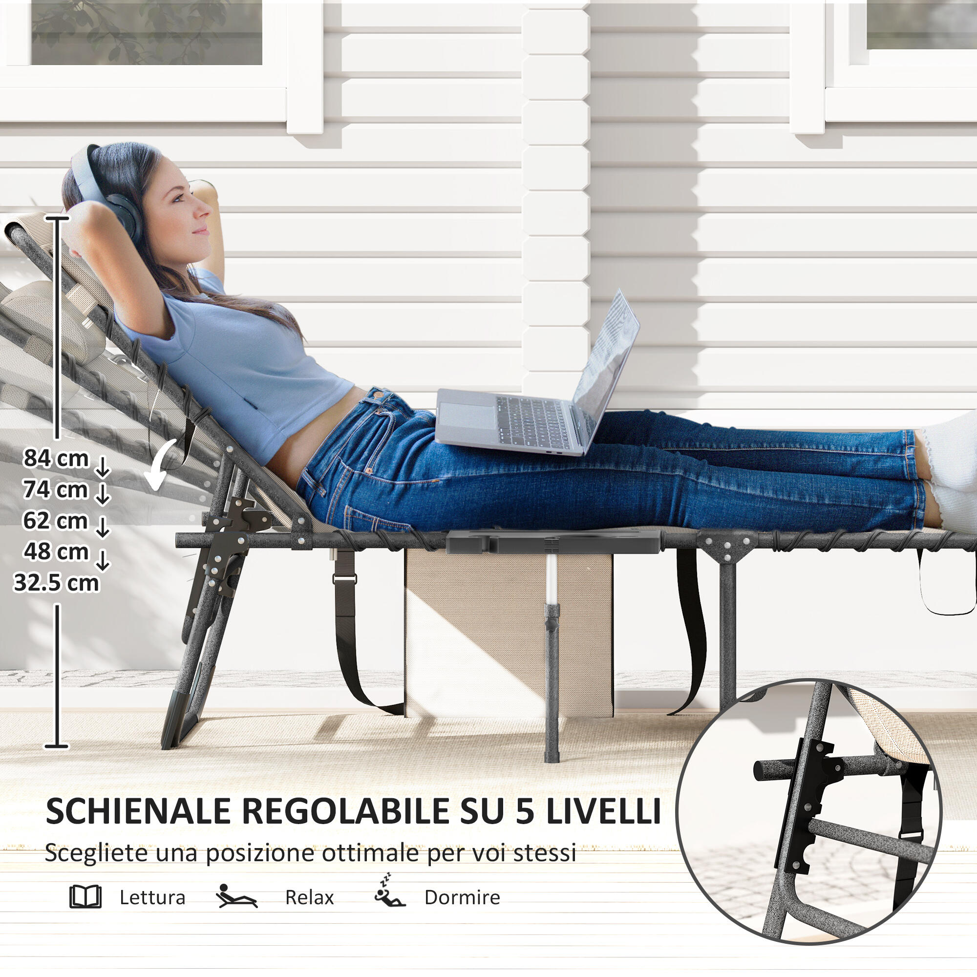Outsunny Sdraio da Esterno Pieghevole e Reclinabile a 5 Livelli Crema 4/7