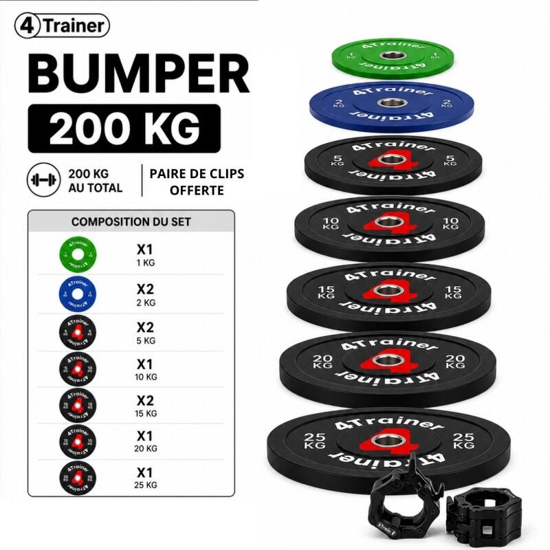 PACK BUMPER PLATES 200KG - Disques Olympiques 50mm - (1, 2x2, 5x2, 10, 15x2, 20, 2/7