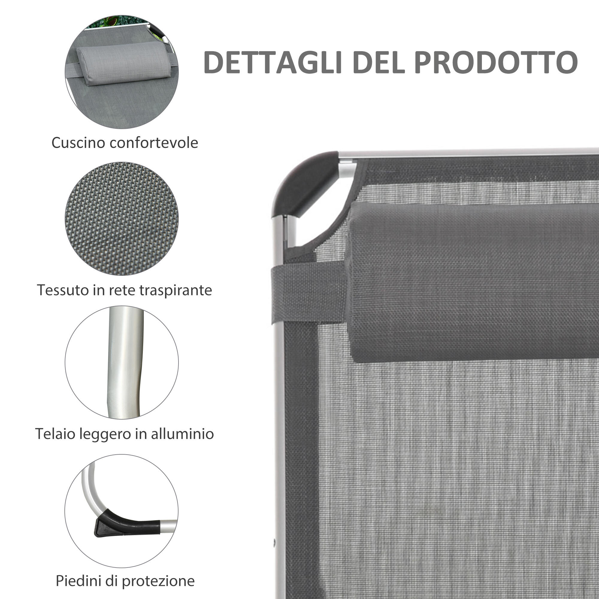 Outsunny Sdraio da Esterno Pieghevole Poggiatesta e Schienale Regolabile Grigio 6/7