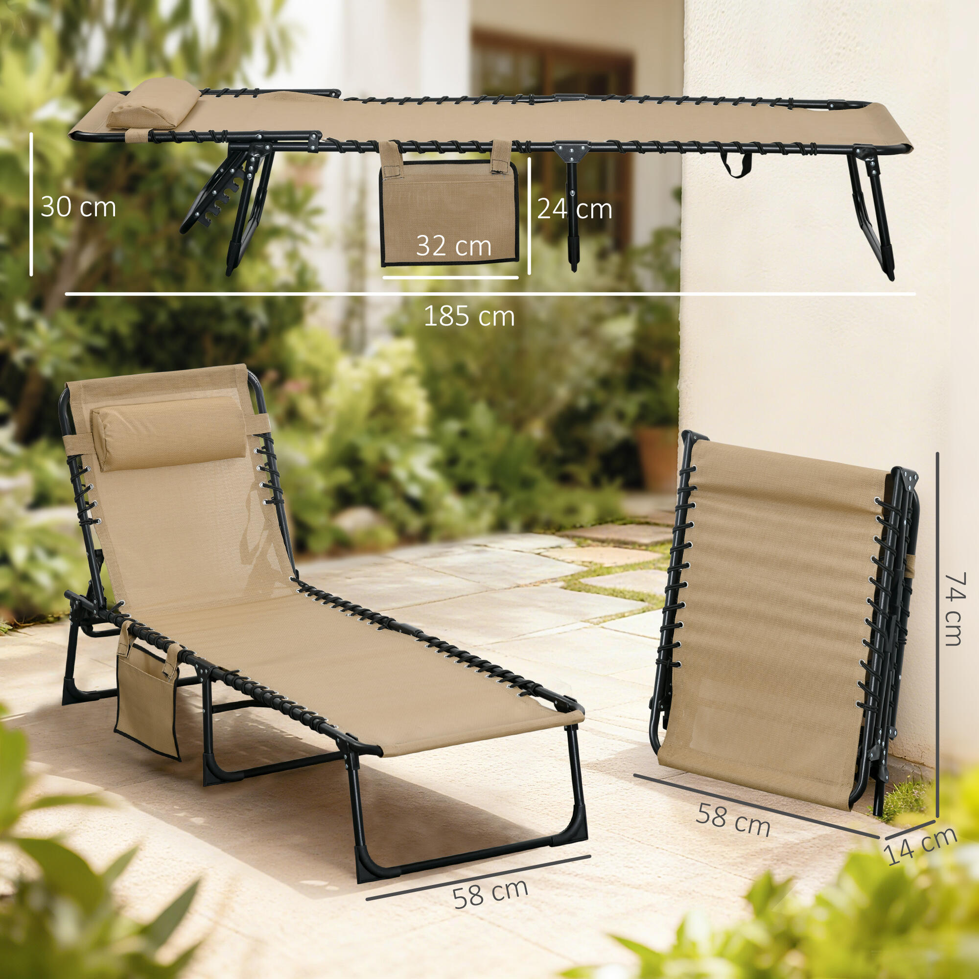 Outsunny Sdraio da Esterno Pieghevole Schienale 5 Reclinazioni e Cuscino Beige 3/7