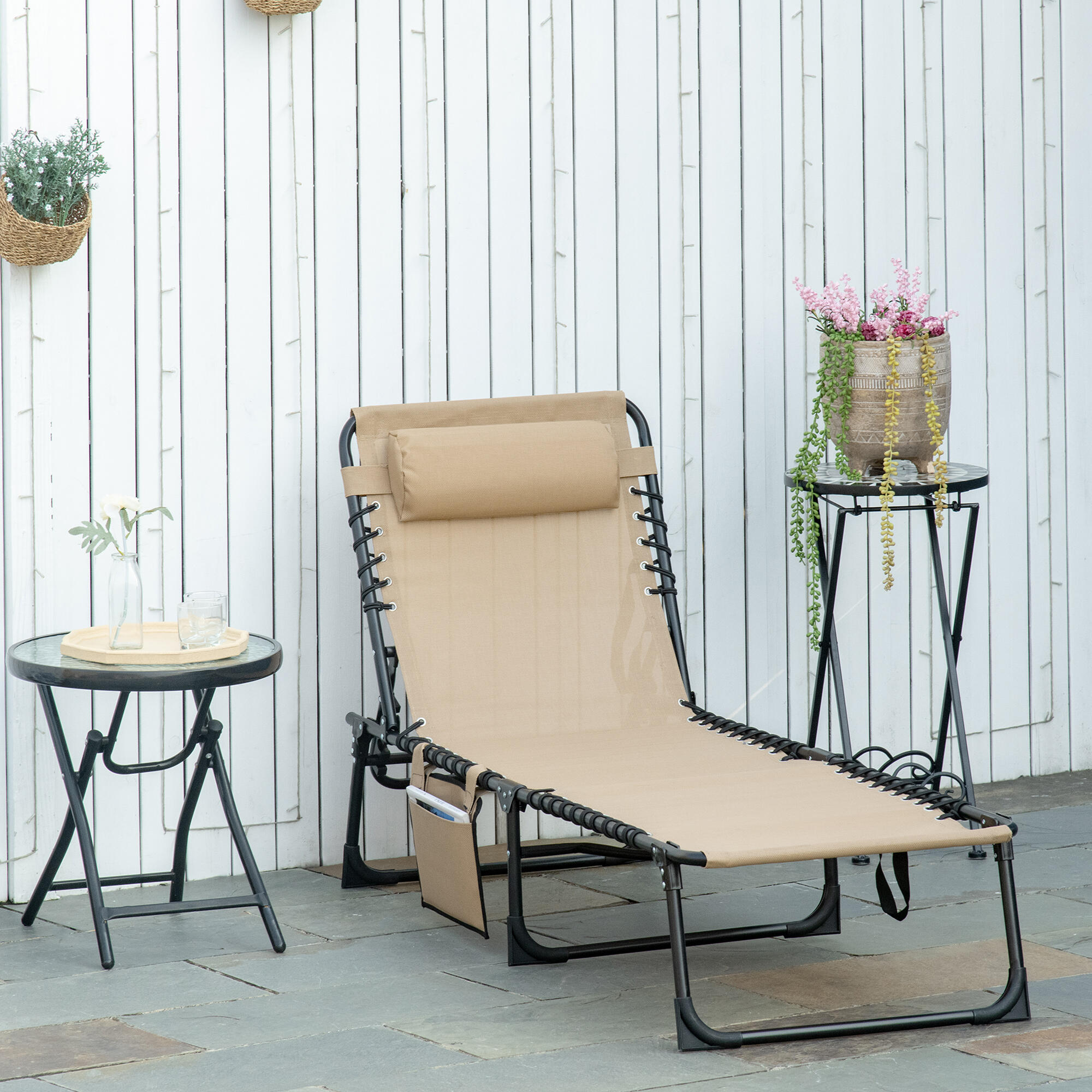Outsunny Sdraio da Esterno Pieghevole Schienale 5 Reclinazioni e Cuscino Beige 2/7