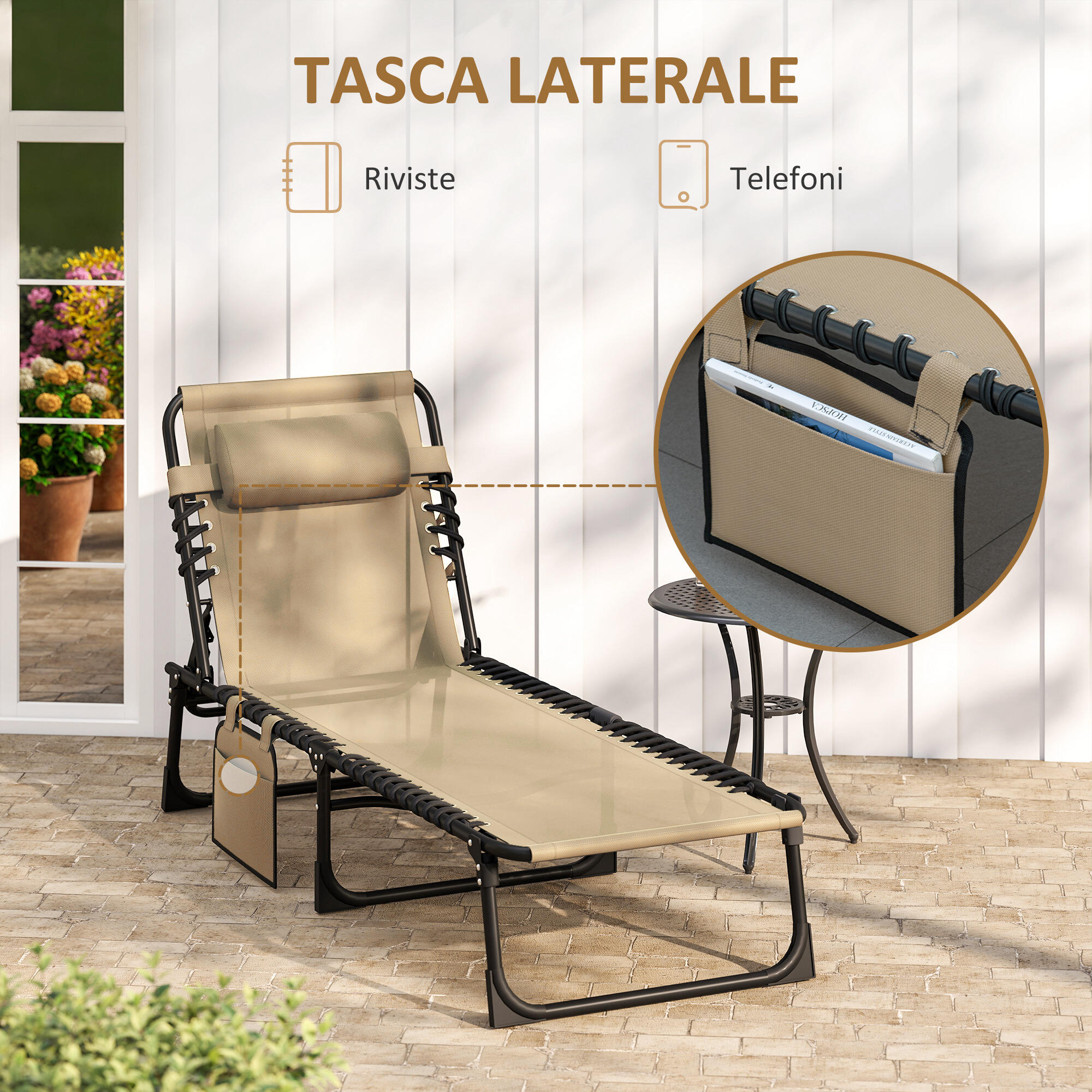 Outsunny Sdraio da Esterno Pieghevole Schienale 5 Reclinazioni e Cuscino Beige 7/7