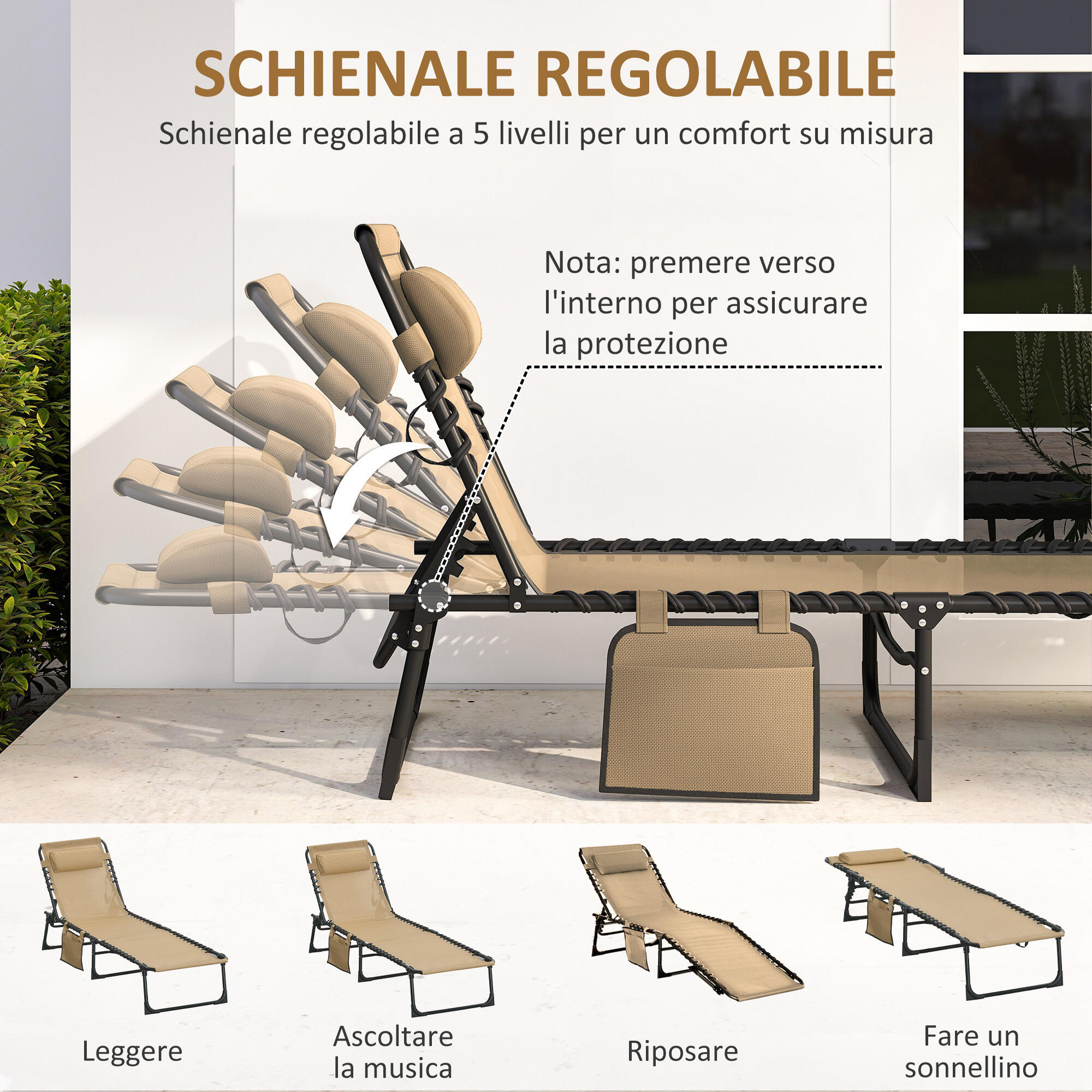Outsunny Sdraio da Esterno Pieghevole Schienale 5 Reclinazioni e Cuscino Beige 4/7