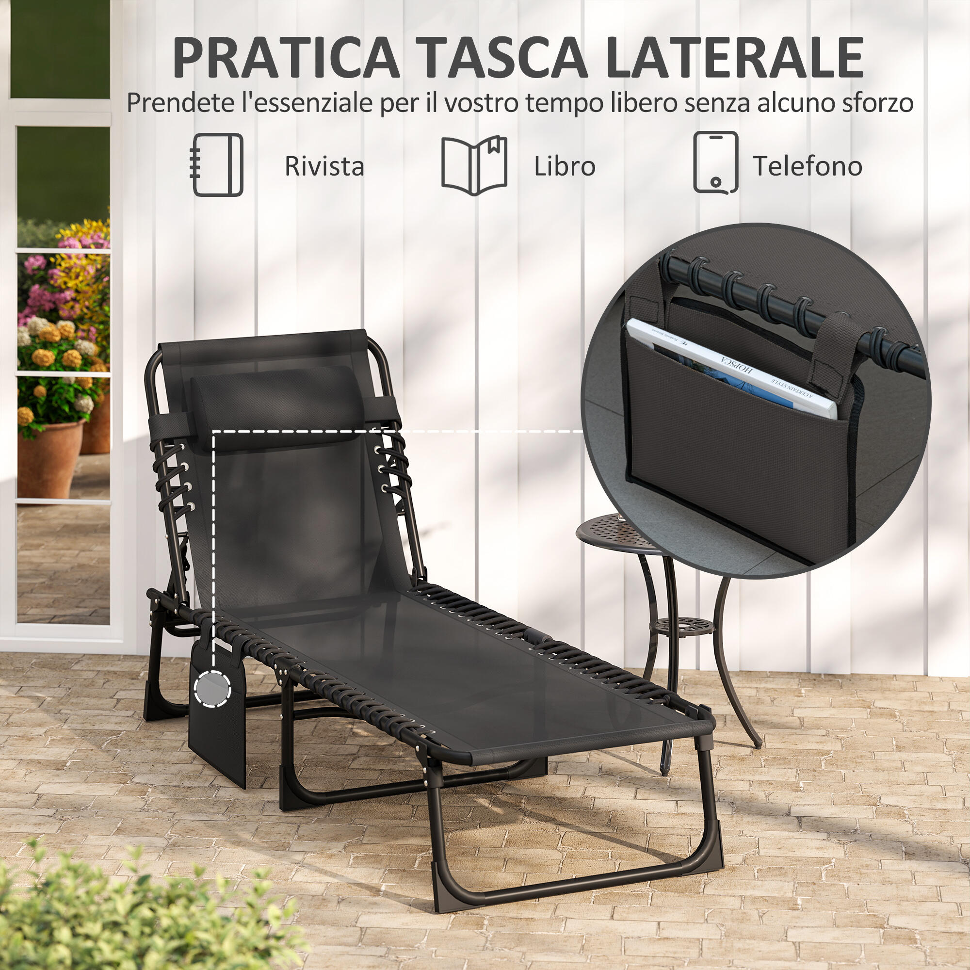Outsunny Sdraio da Esterno Pieghevole con 5 Reclinazioni e Cuscino Nero 7/7