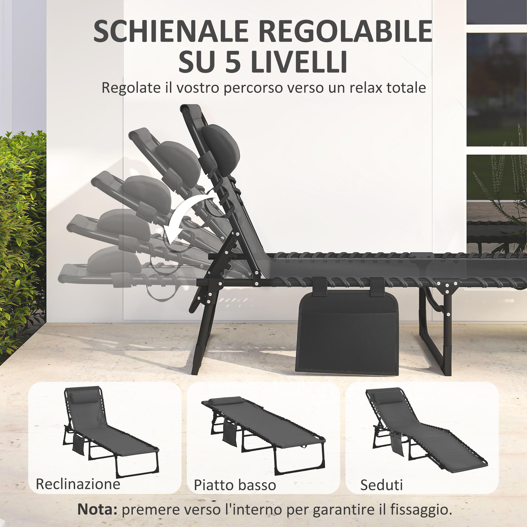 Outsunny Sdraio da Esterno Pieghevole con 5 Reclinazioni e Cuscino Nero 4/7
