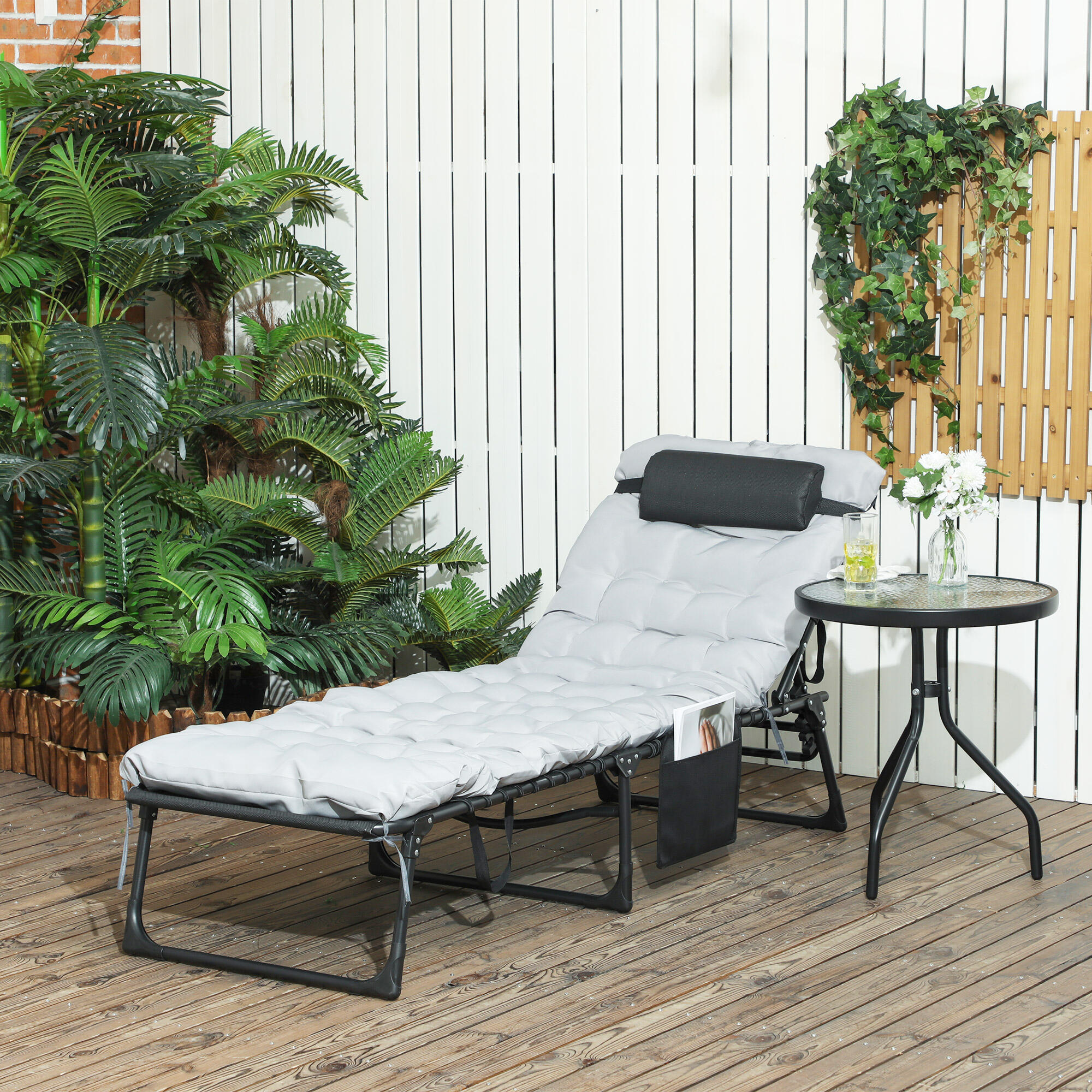 Outsunny Lettino Prendisole Pieghevole con Cuscino, Poggiatesta e Tasca Grigio 2/7